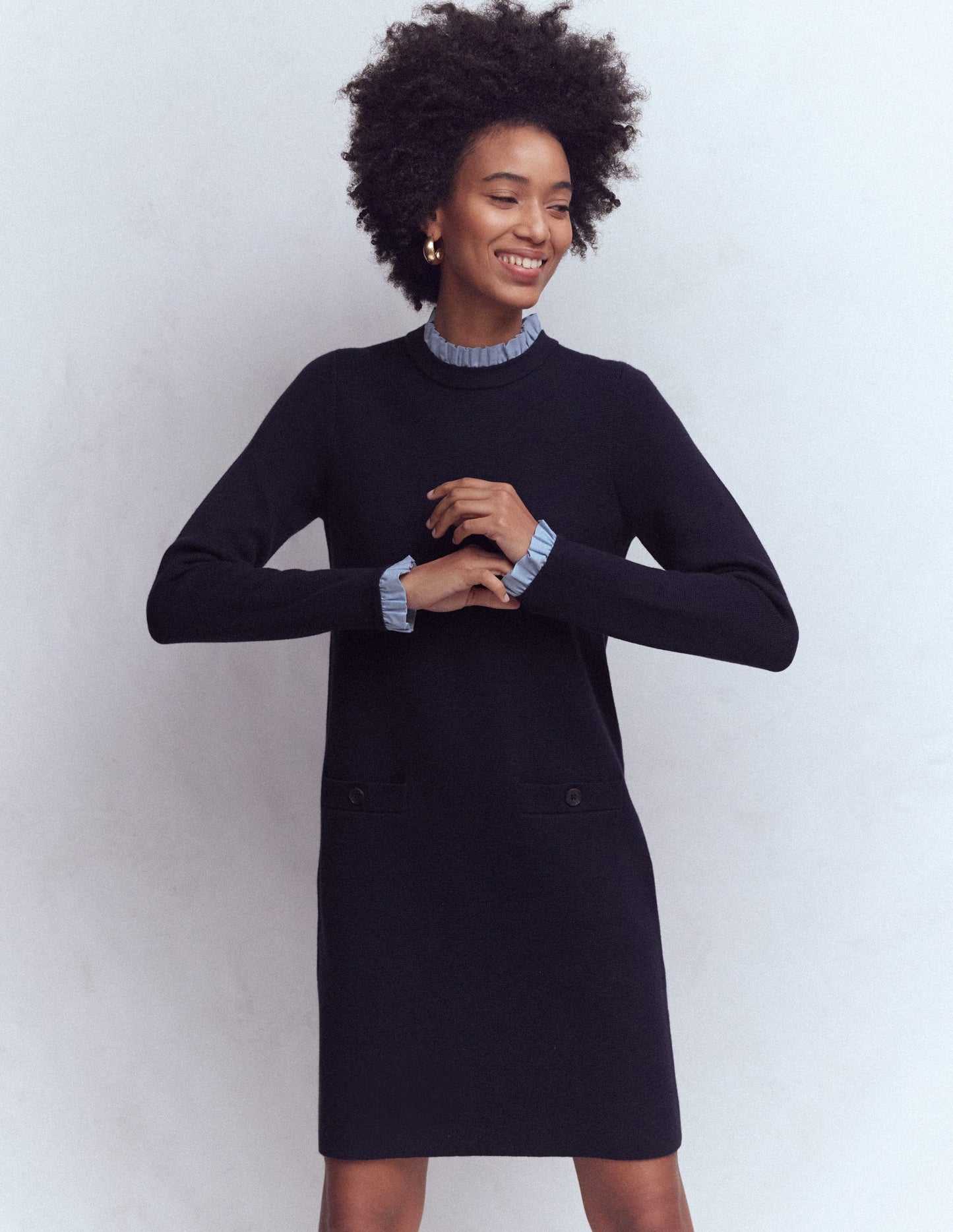 Trim Knitted Dress-Navy