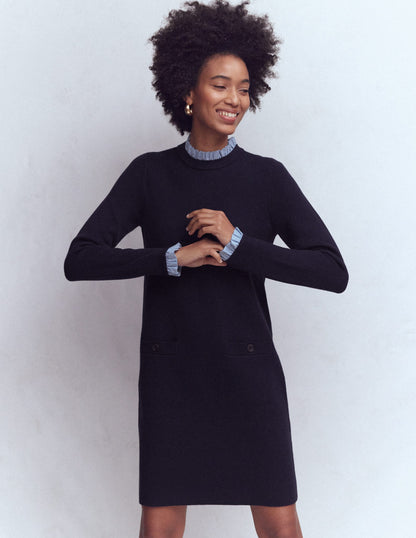 Trim Knitted Dress-Navy-5