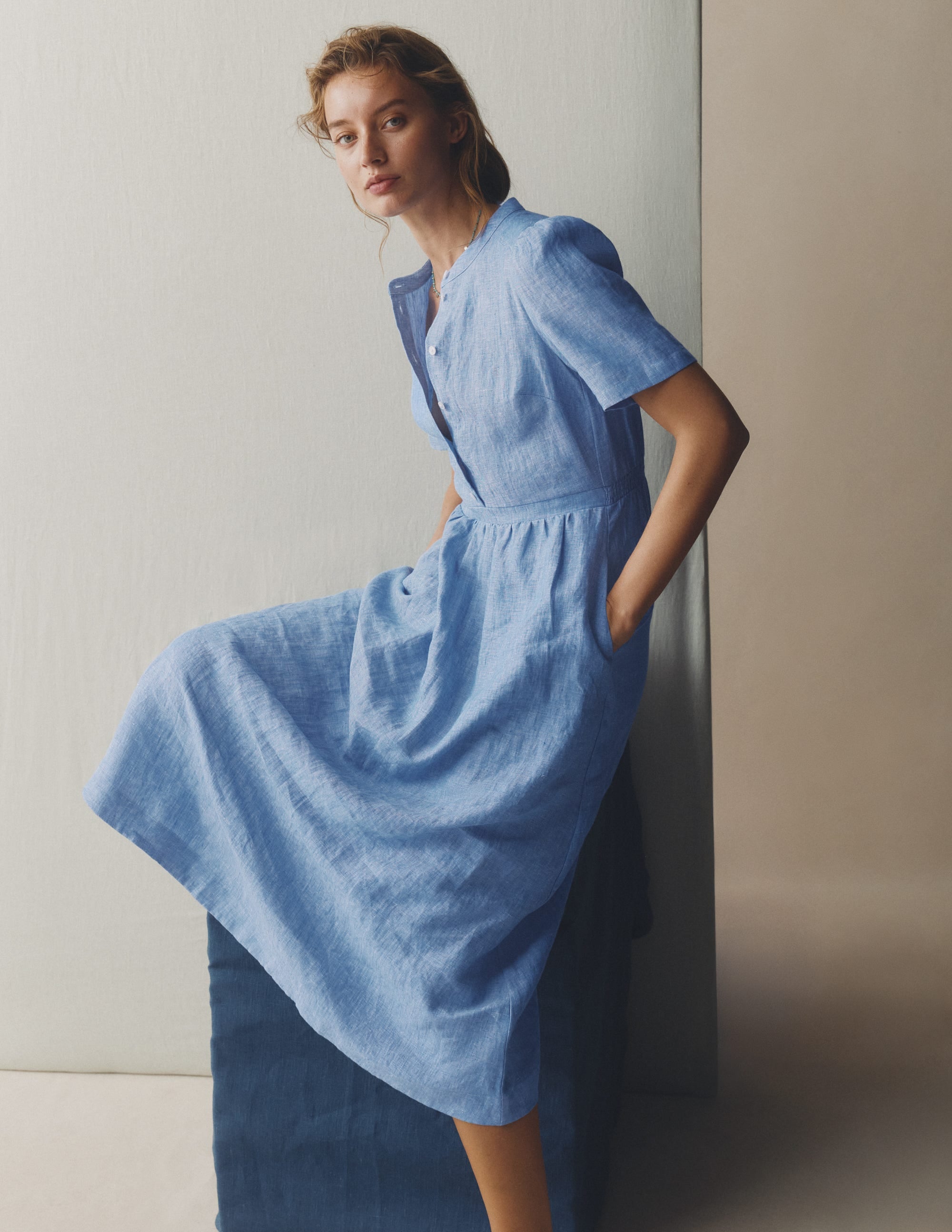 Ivy Button Linen Midi Dress-Summer Blue Chambray - Image 6
