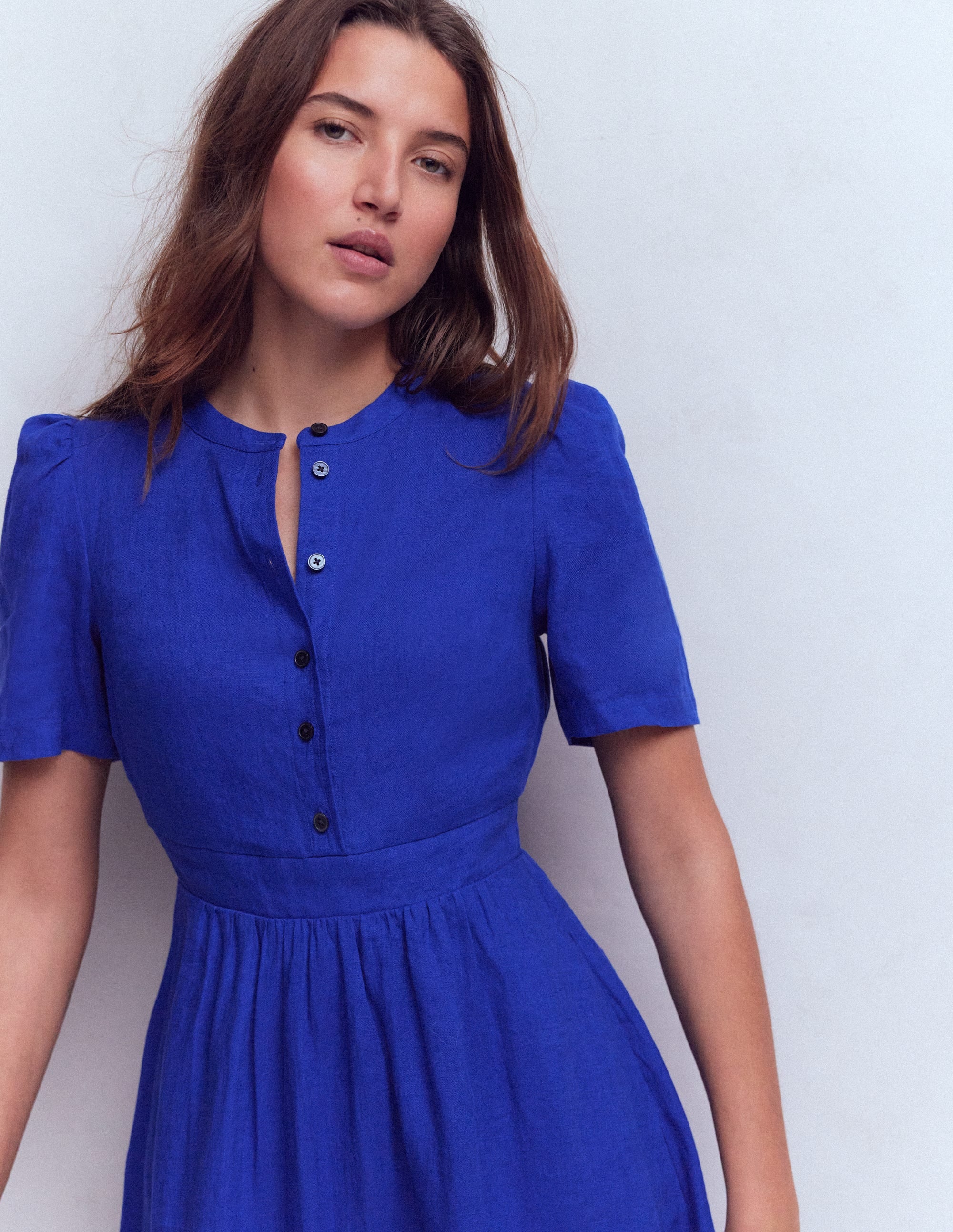 Ivy Button Linen Midi Dress-Bright Blue - Image 3
