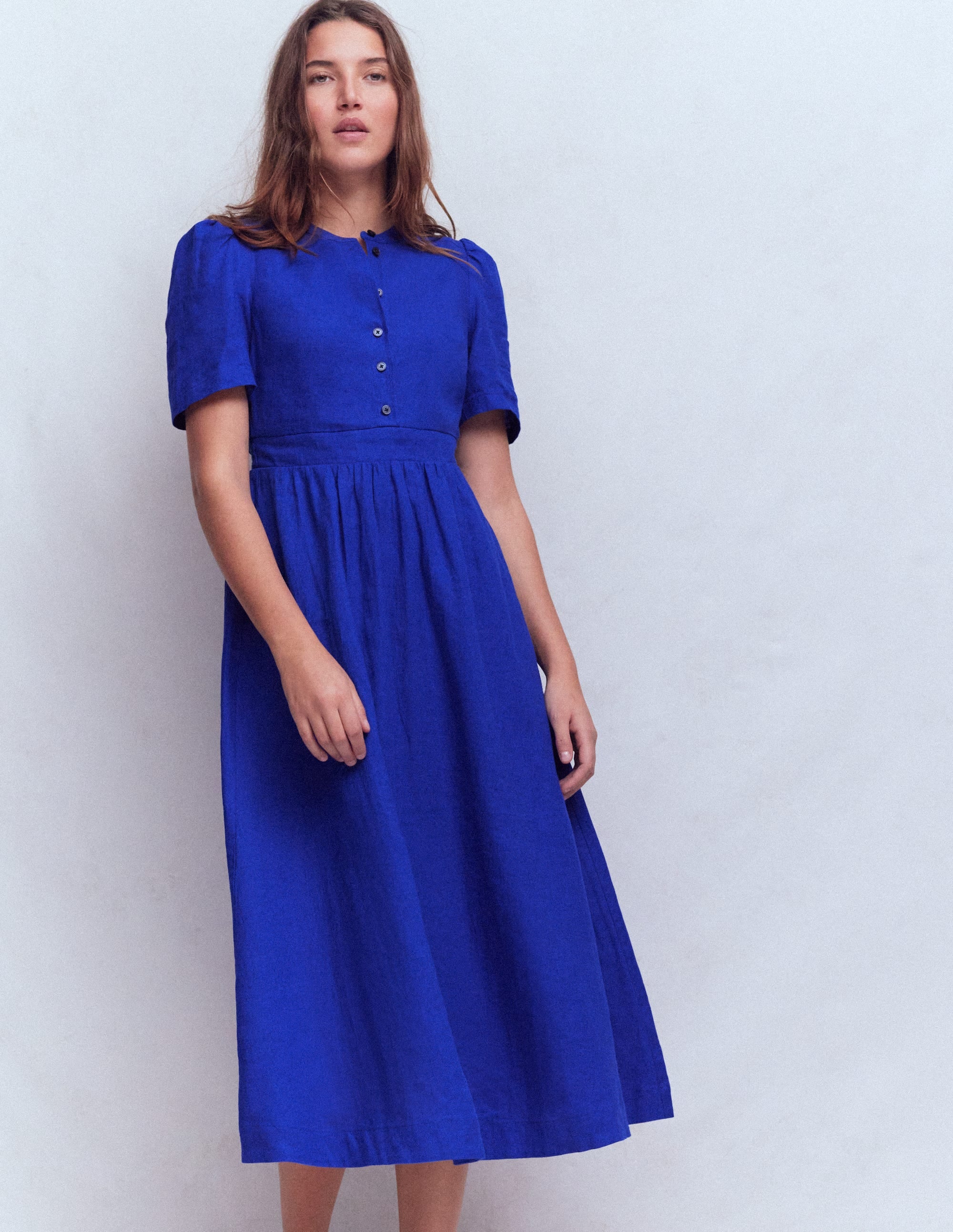 Ivy Button Linen Midi Dress-Bright Blue - Image 1