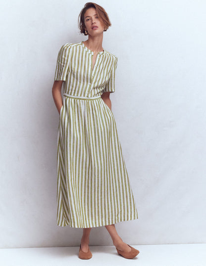 Ivy Linen Midi Dress-Olive, Ivory Stripe-2