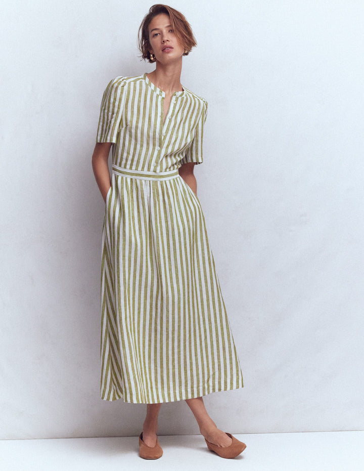 Ivy Linen Midi Dress-Olive, Ivory Stripe