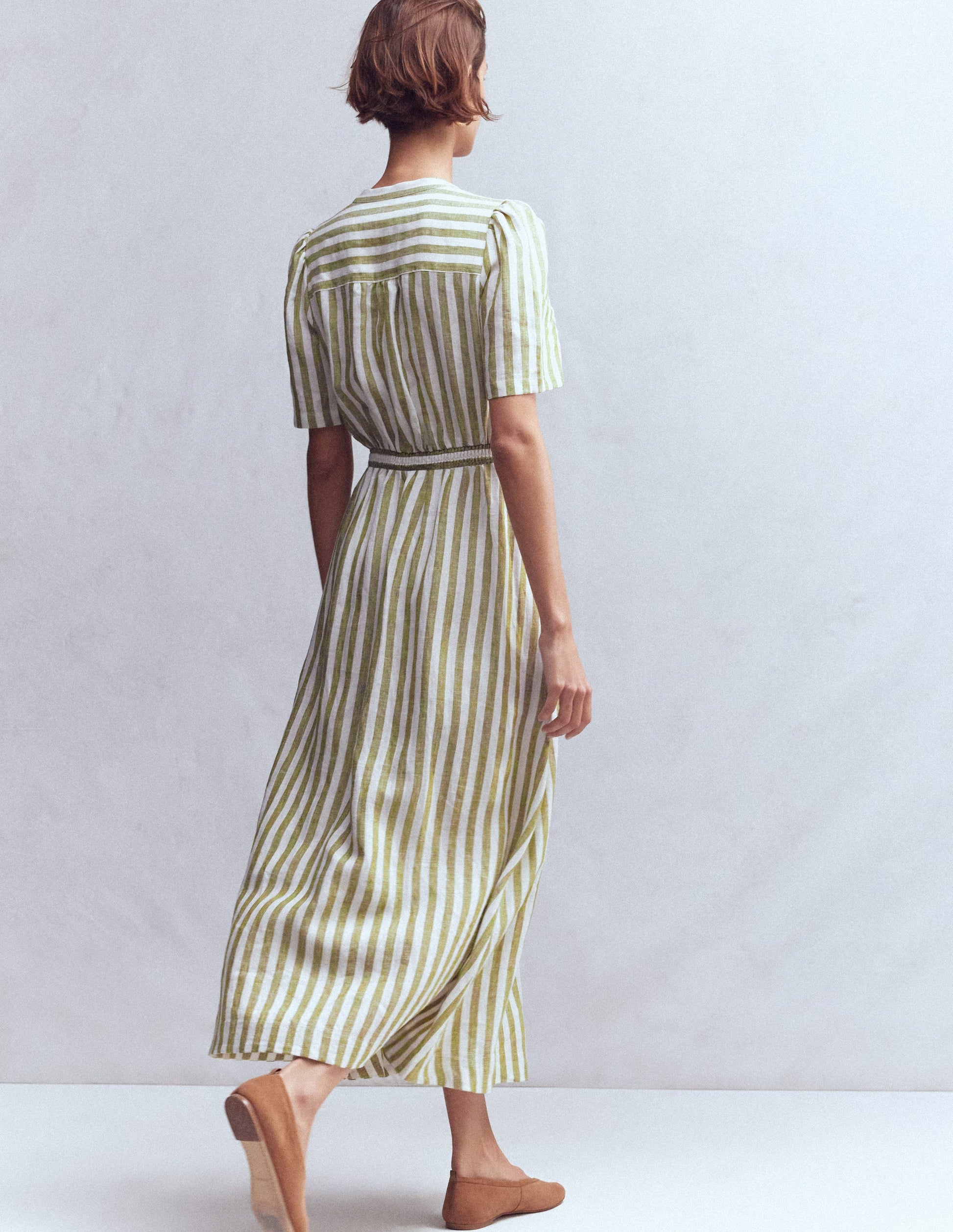 olive green and white dress Ivy Placket Linen Midi Dress-Olive, Ivory Stripe