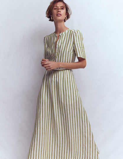 Ivy Linen Midi Dress-Olive, Ivory Stripe-5
