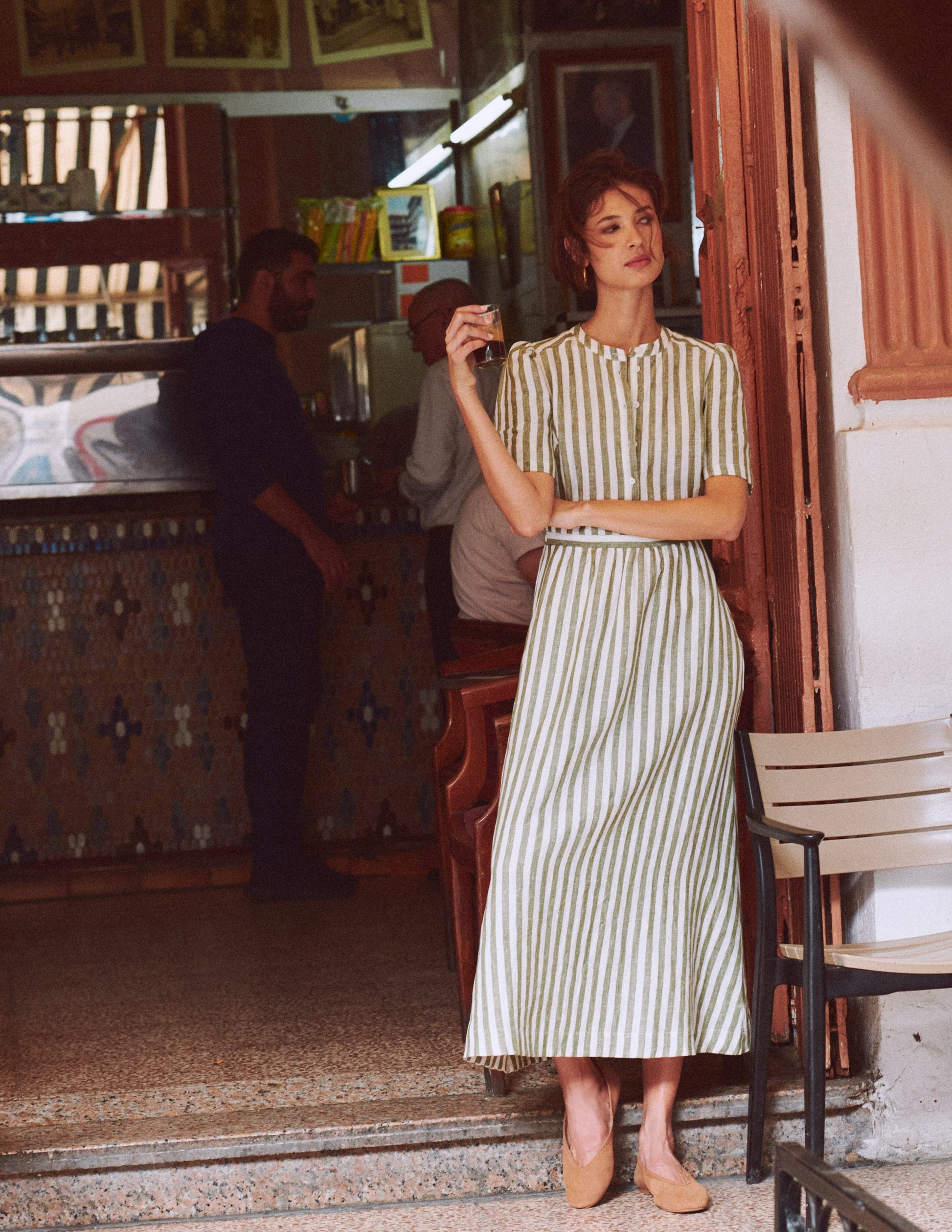 Ivy Placket Linen Midi Dress-Olive, Ivory Stripe Ivy Placket Linen Midi Dress-Olive, Ivory Stripe