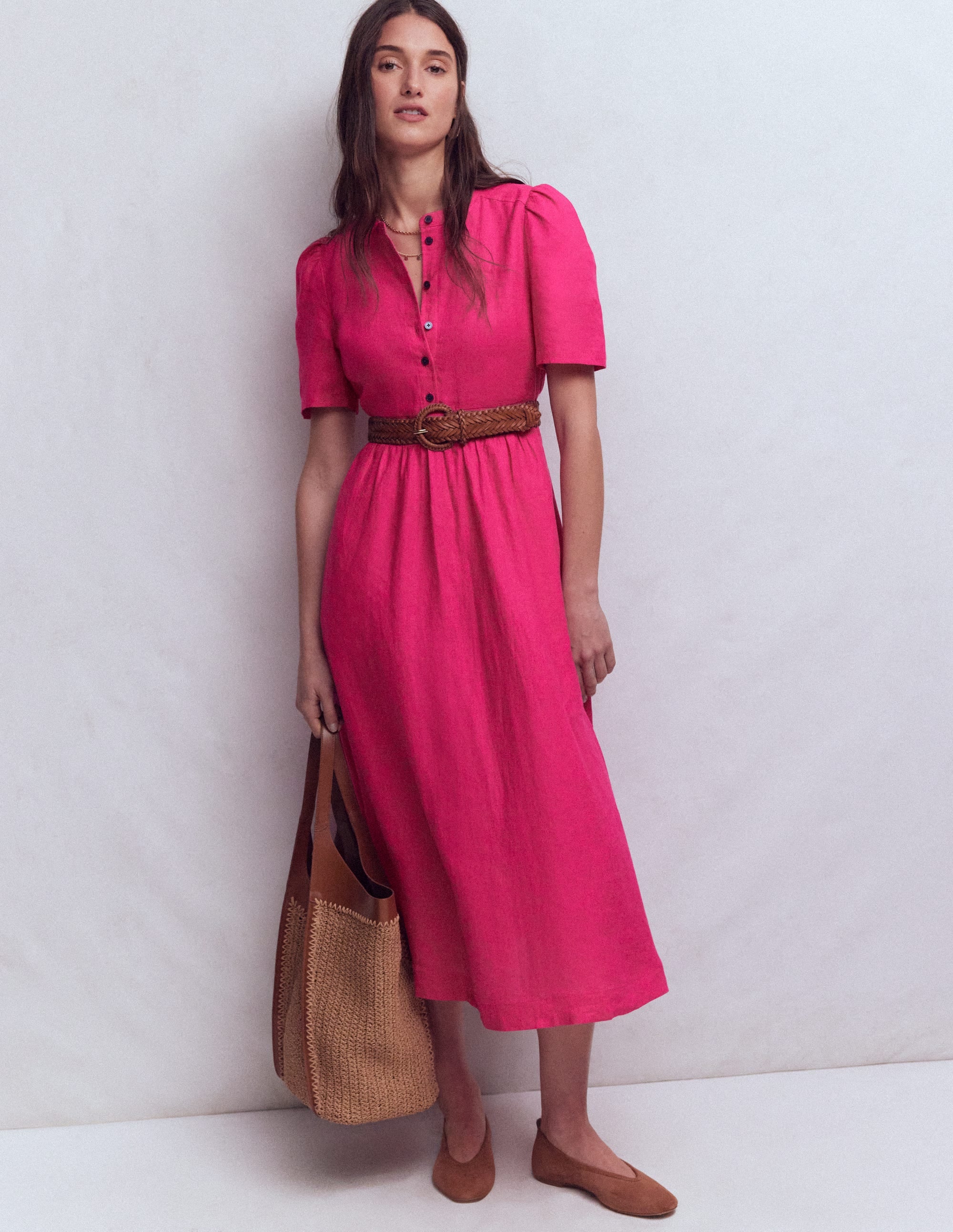 Ivy Button Linen Midi Dress-Pink Peony - Image 1