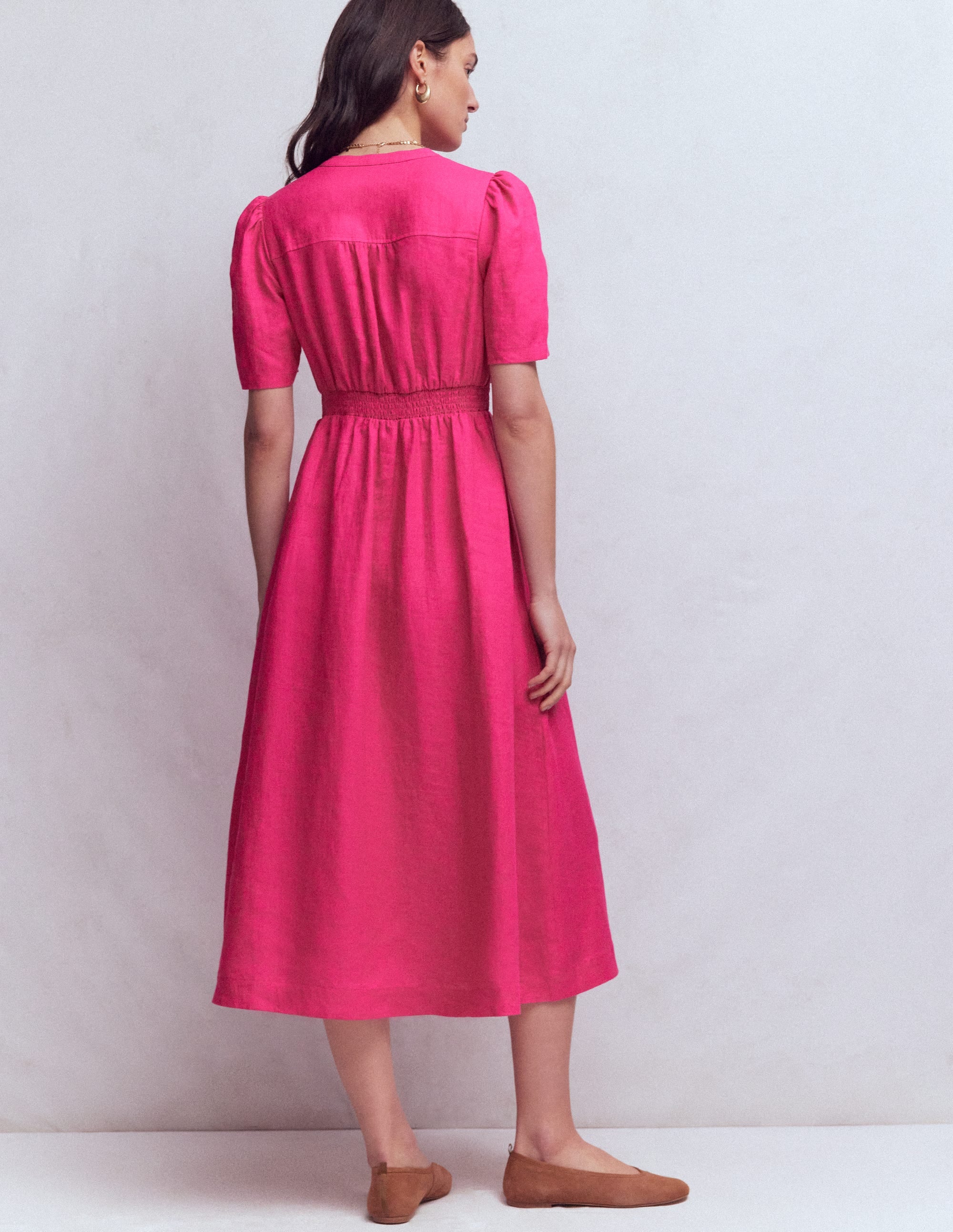 Ivy Button Linen Midi Dress-Pink Peony - Image 3