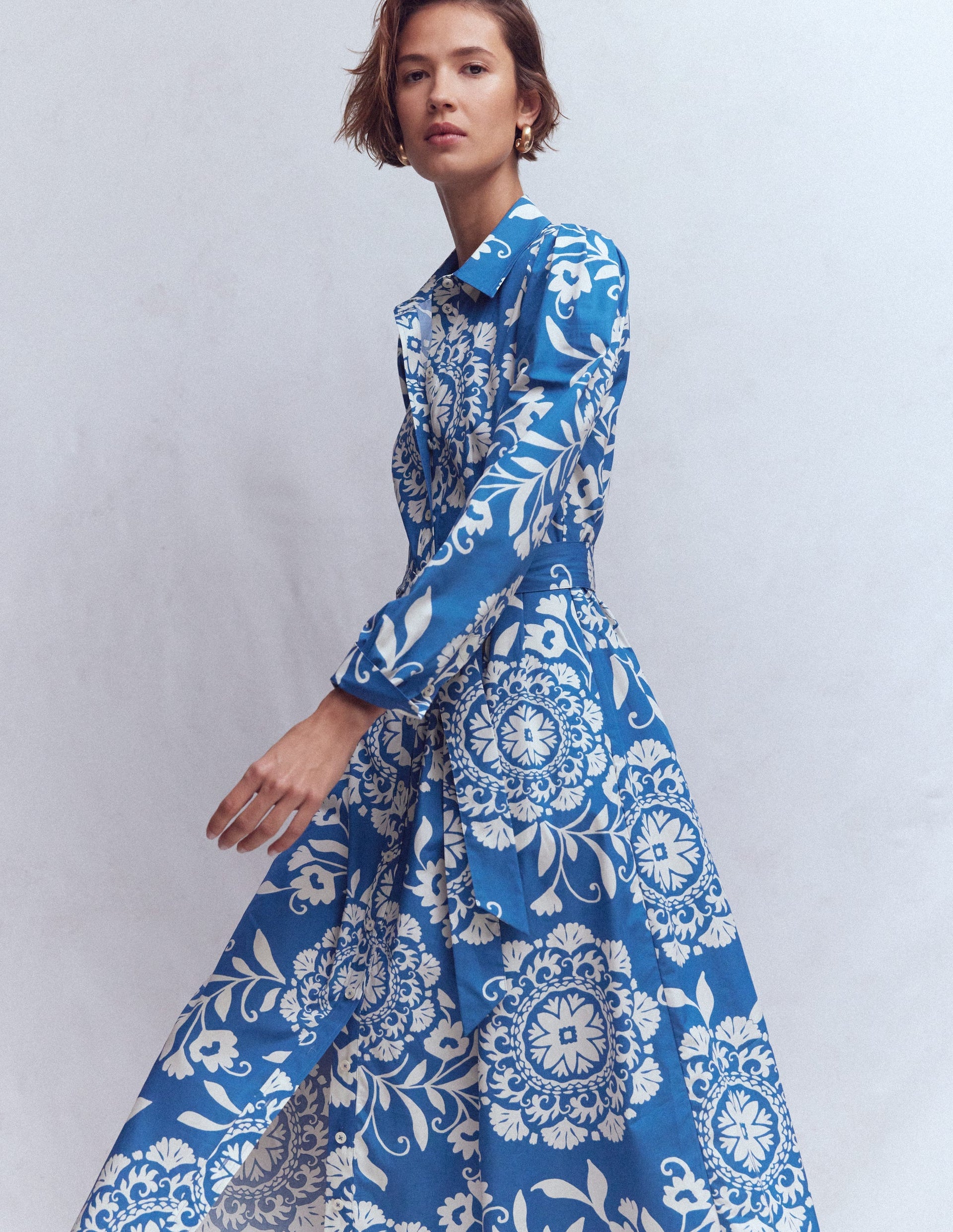 Alexa Cotton Midi Shirt Dress-Blue, Decorative Blossom