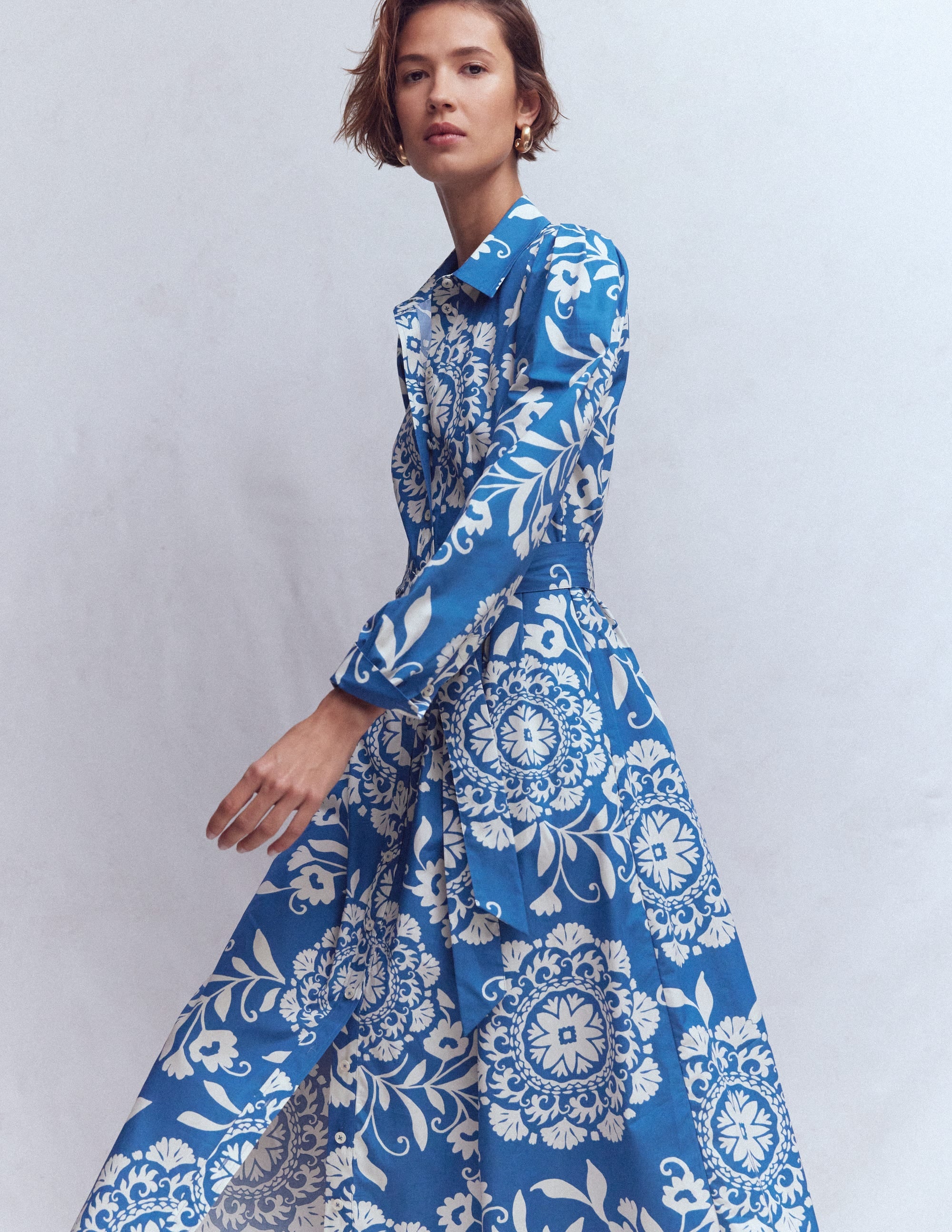 Alexa Cotton Midi Shirt Dress-Blue, Decorative Blossom - Image 1
