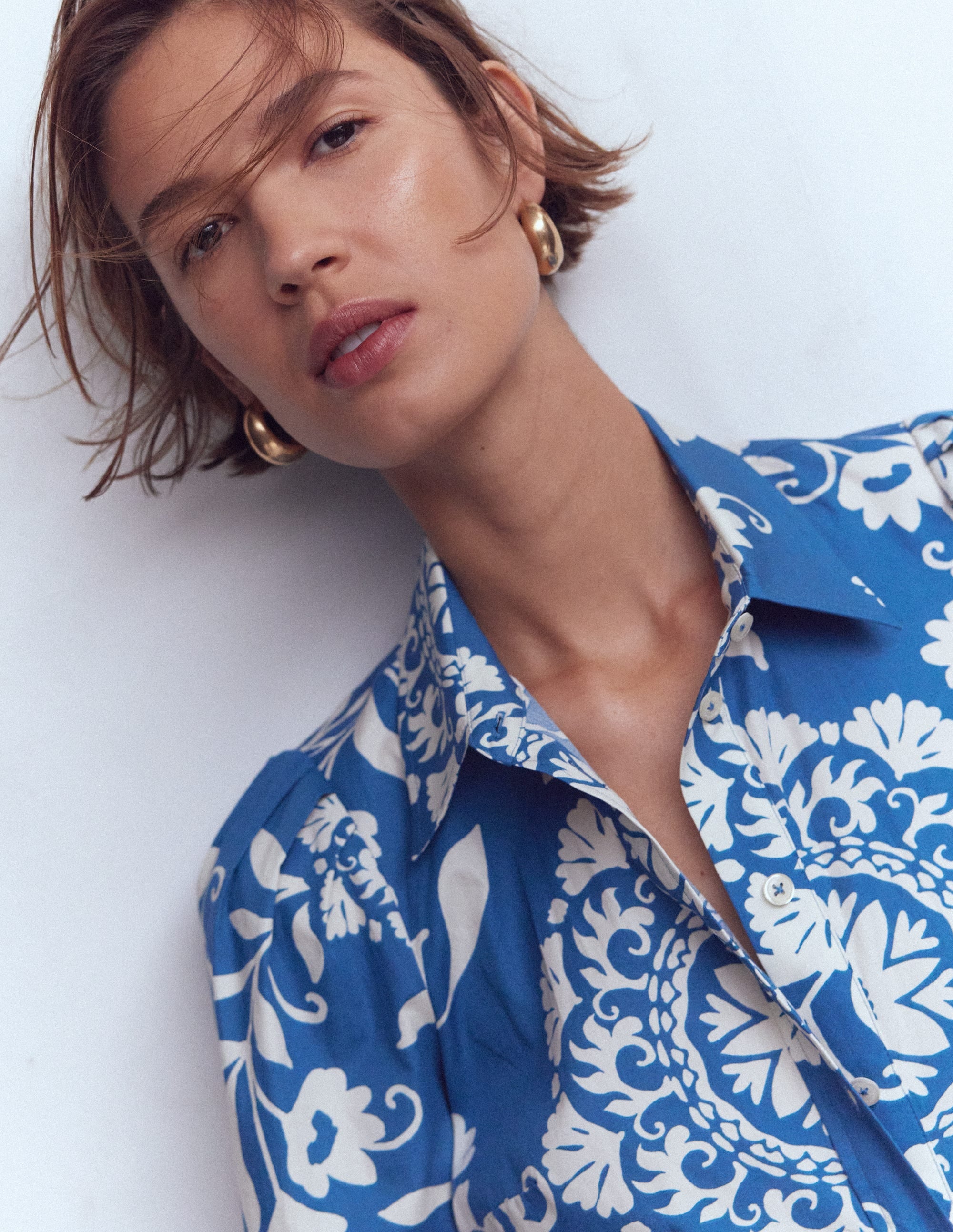 Alexa Cotton Midi Shirt Dress-Blue, Decorative Blossom - Image 2