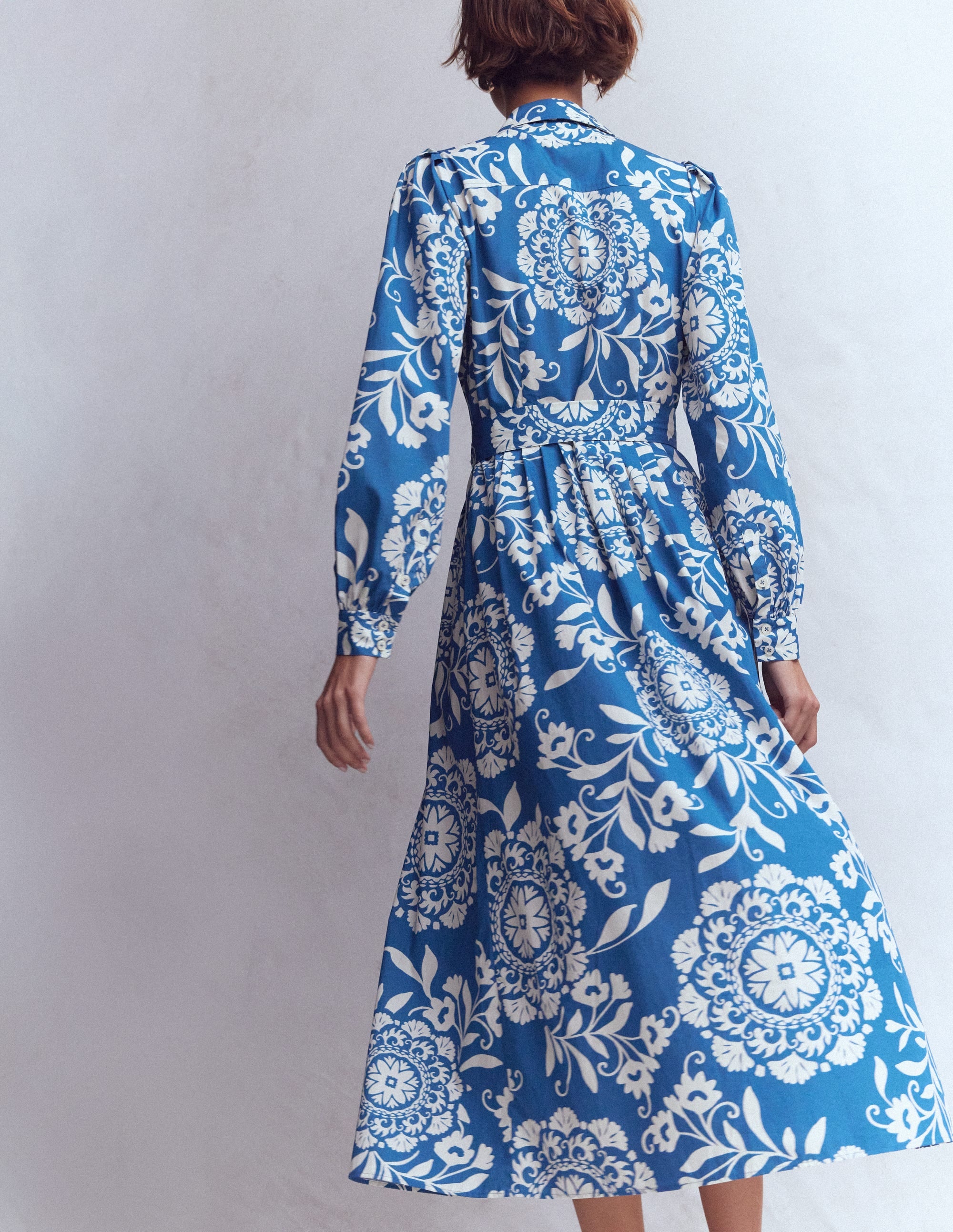 Alexa Cotton Midi Shirt Dress-Blue, Decorative Blossom - Image 3