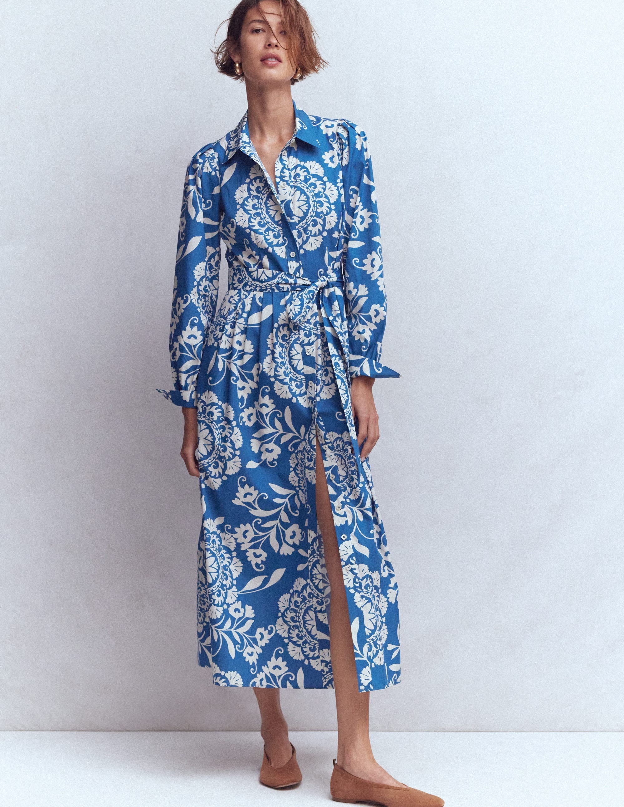 Alexa Cotton Midi Shirt Dress - Blue, Decorative Blossom
