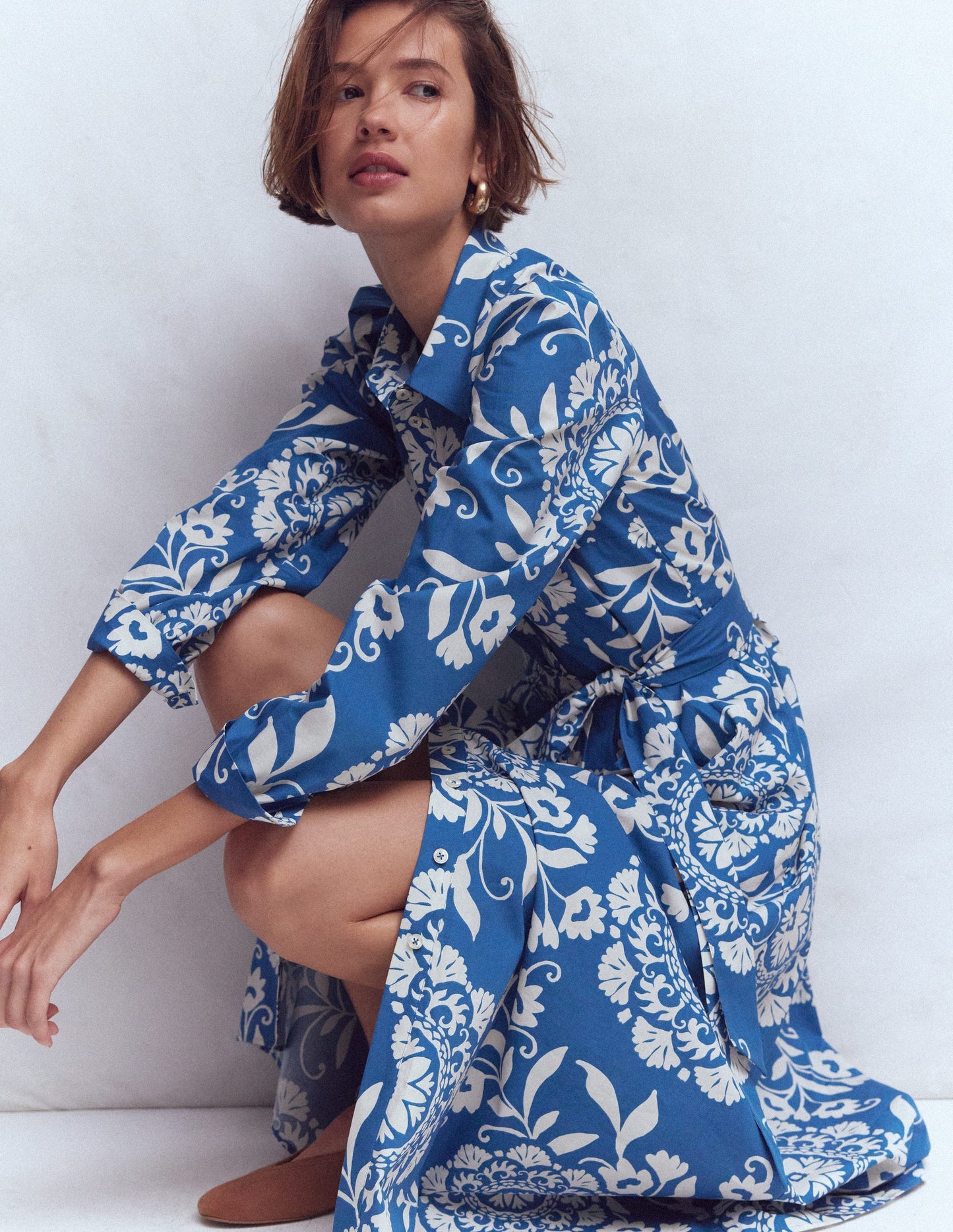 Alexa Long Sleeve Midi Dress-Dark Blue, Decorative Blossom