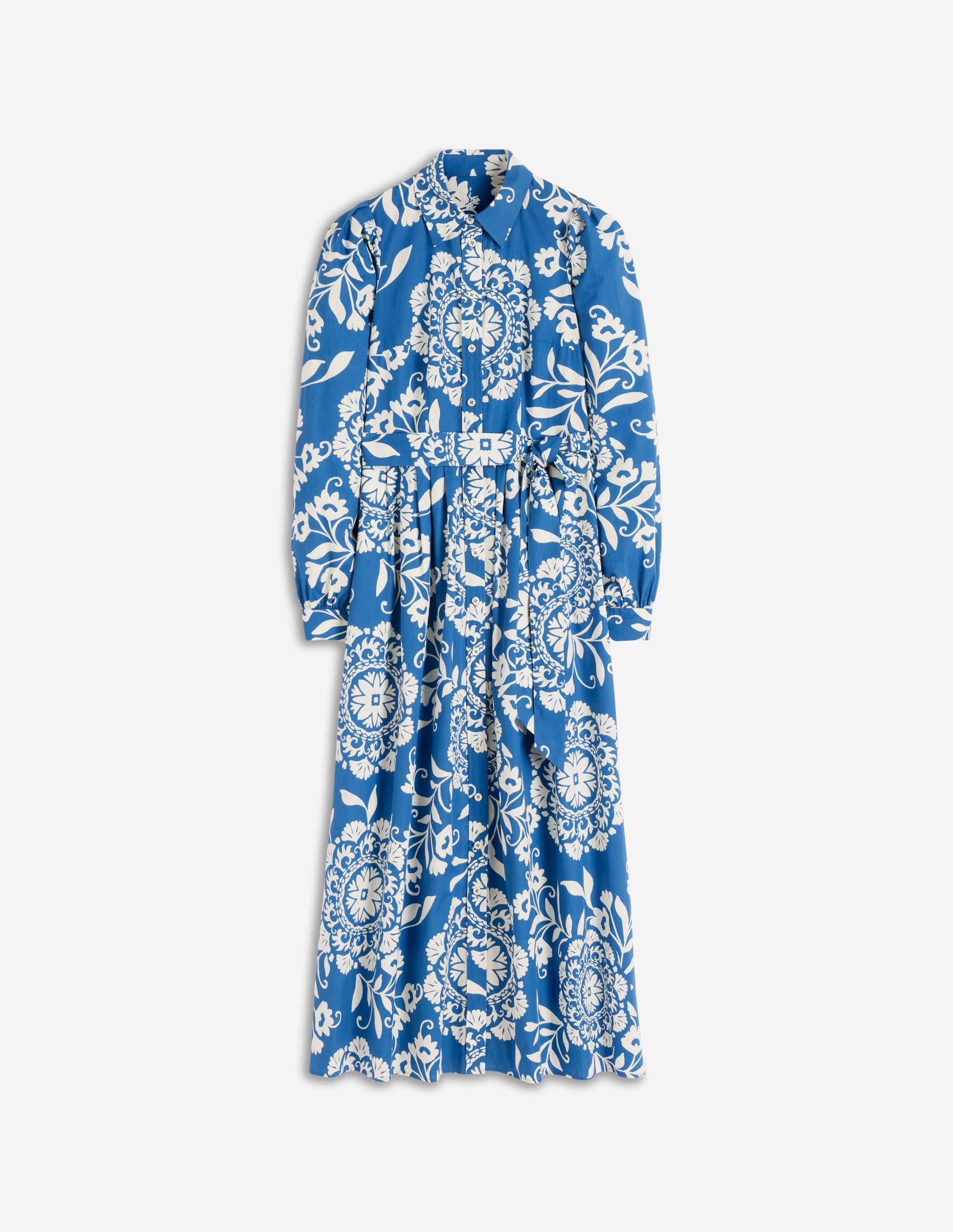 Alexa Cotton Midi Shirt Dress-Blue, Decorative Blossom - Image 7