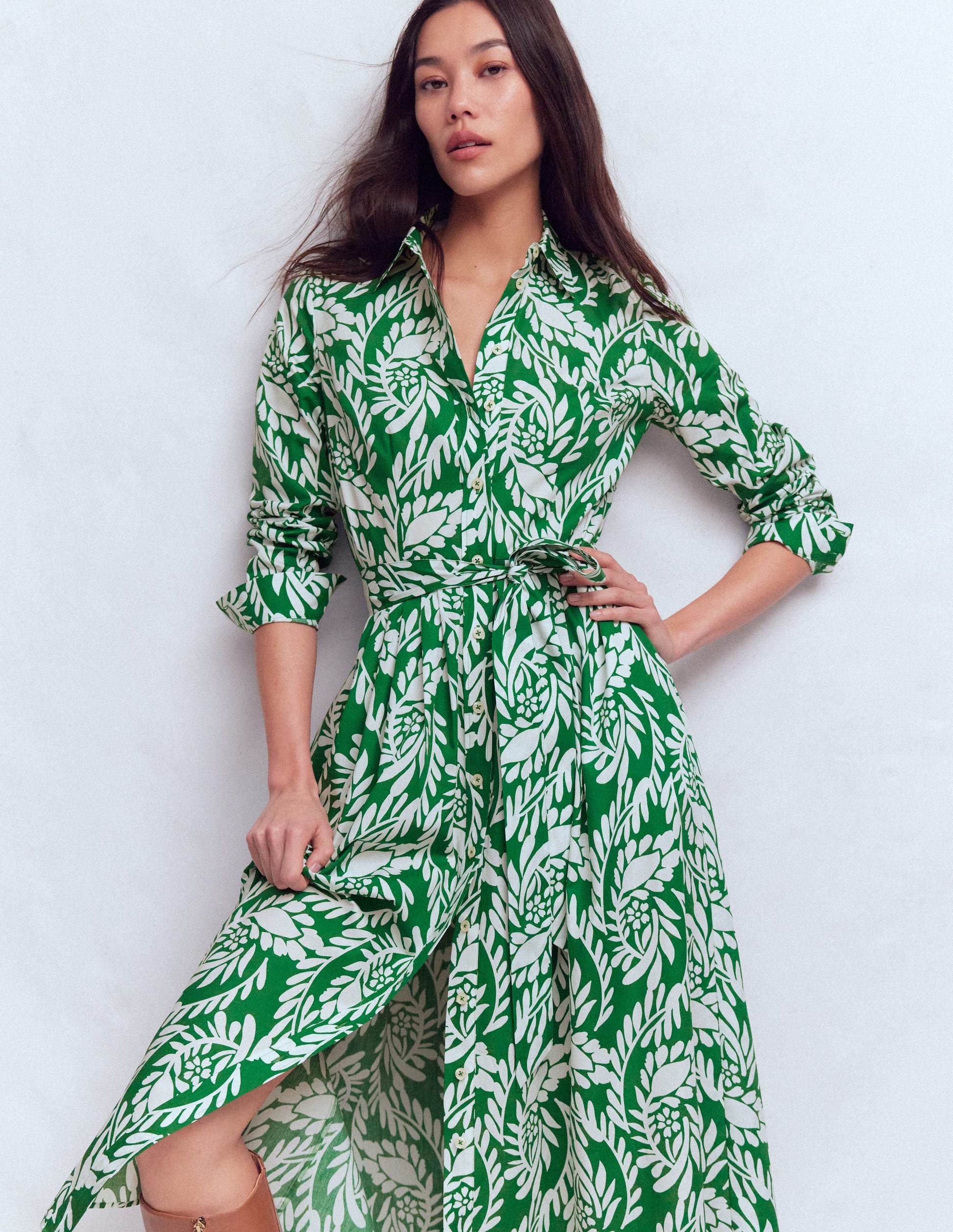 Alexa Cotton Midi Shirt Dress-Fresh Green, Scattered Vine | Boden USA Alexa Cotton Midi Shirt Dress-Fresh Green, Scattered Vine | Boden USA