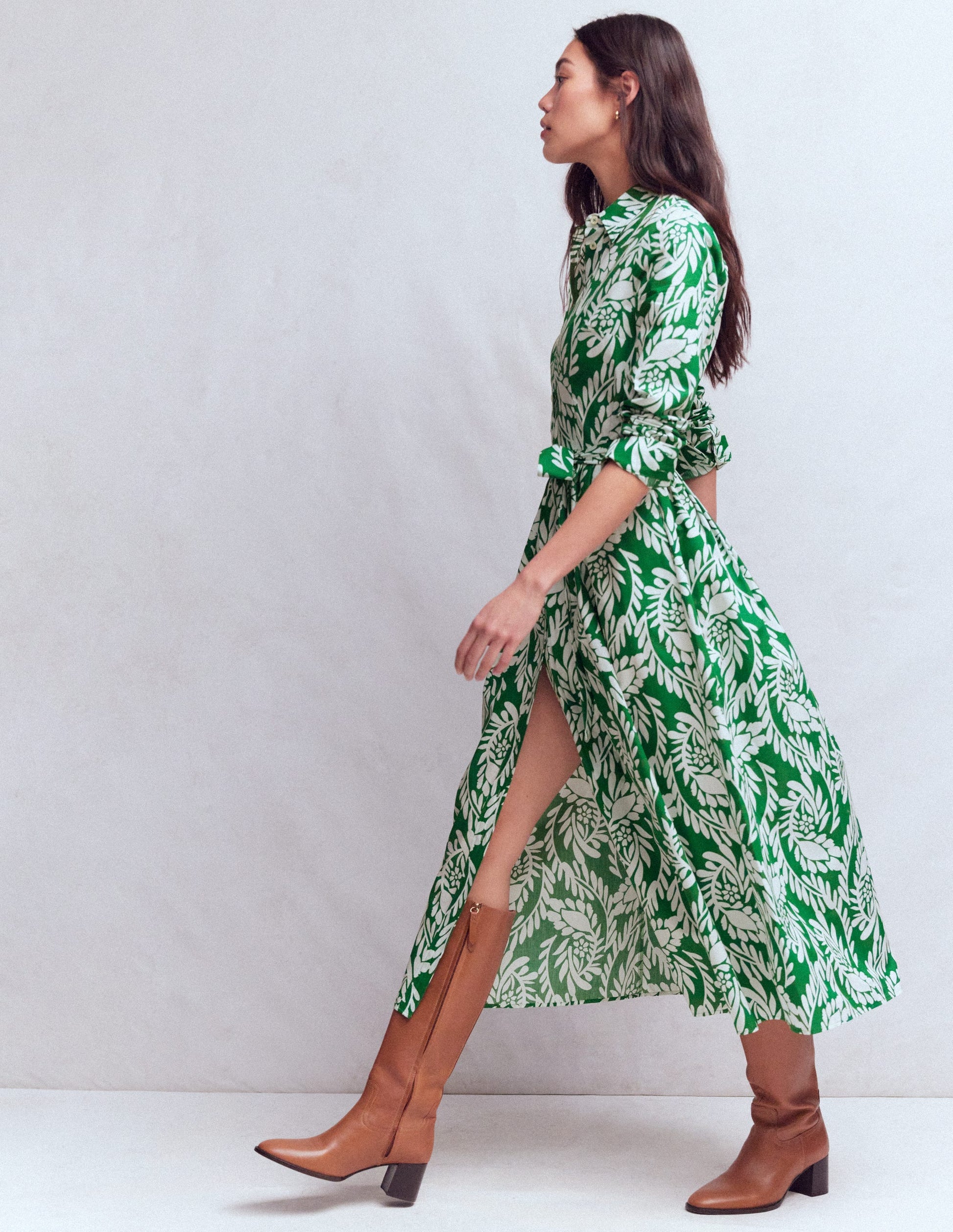 Alexa Long Sleeve Midi Dress-Fresh Green, Scattered Vine-4