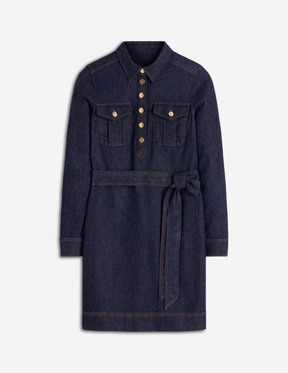 Half Placket Denim Dress-Indigo Wash-6