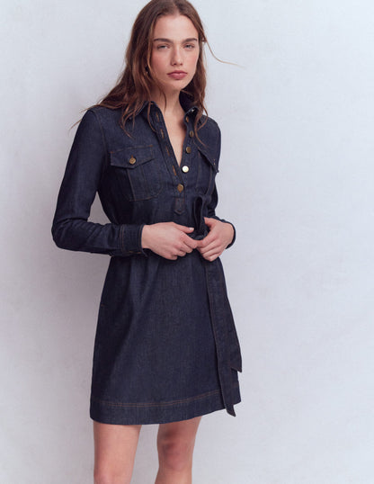 Half Placket Denim Dress-Indigo Wash-2