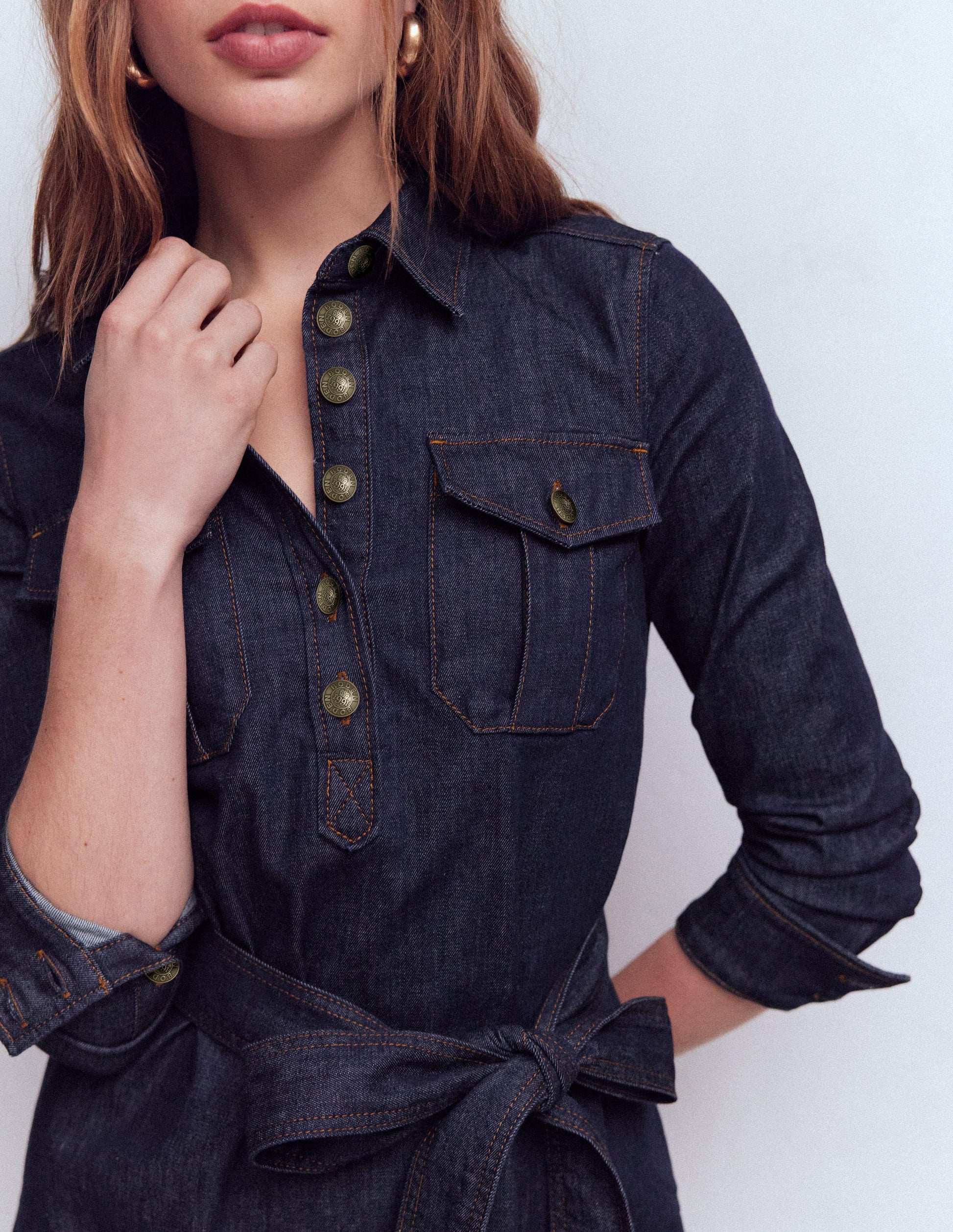 Half Placket Denim Dress-Indigo Wash-2