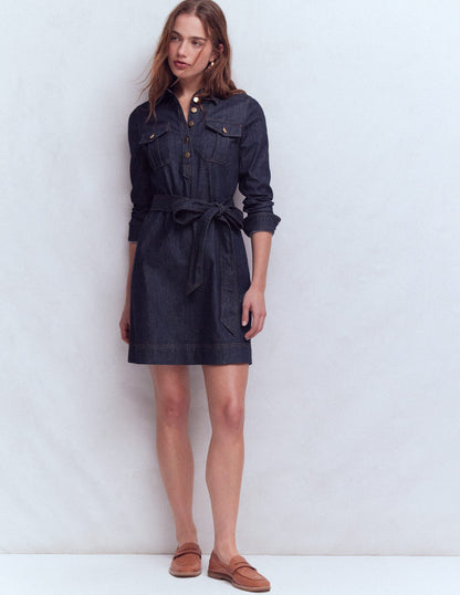 Half Placket Denim Dress-Indigo Wash-5