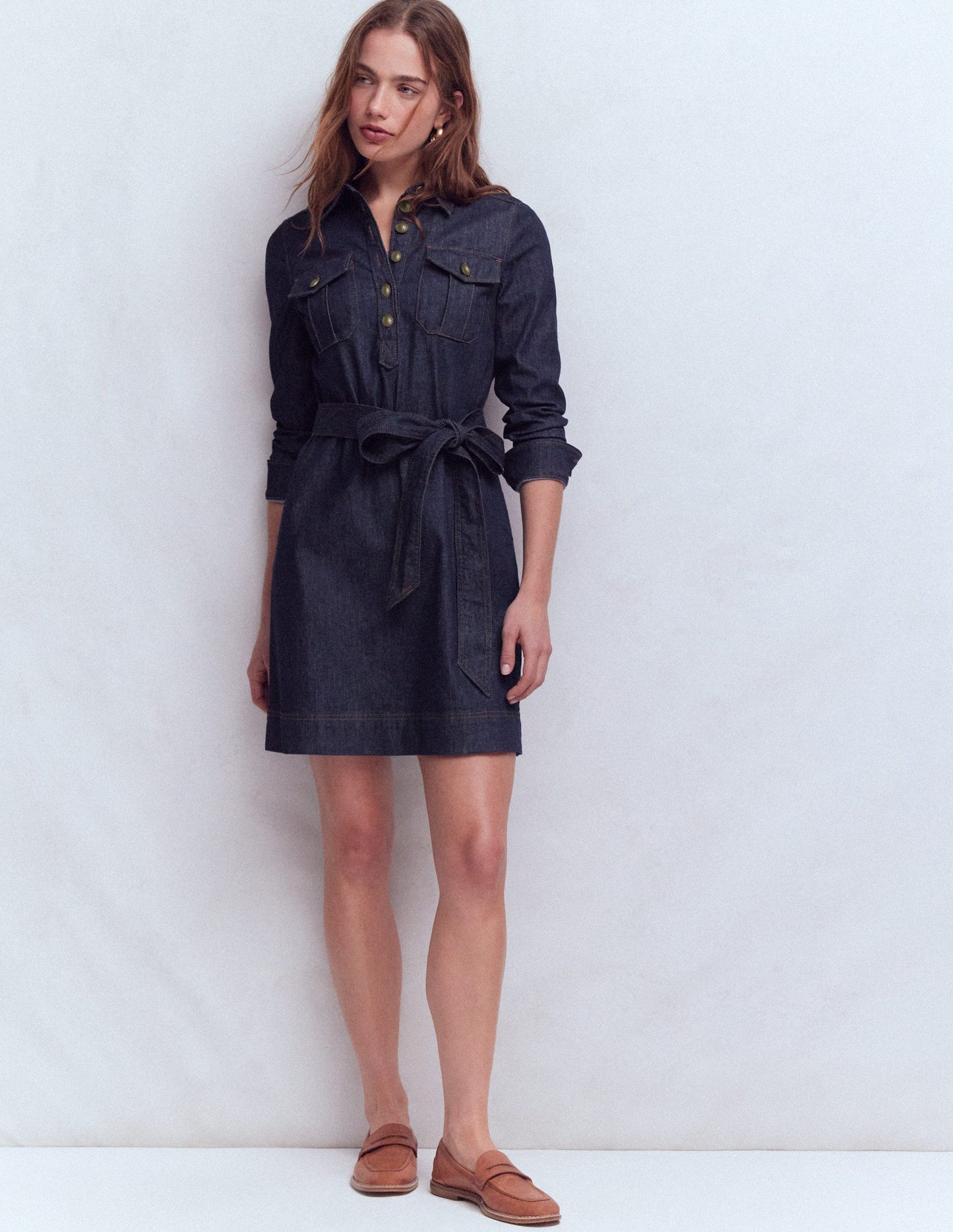 Half Placket Denim Dress-Indigo Wash