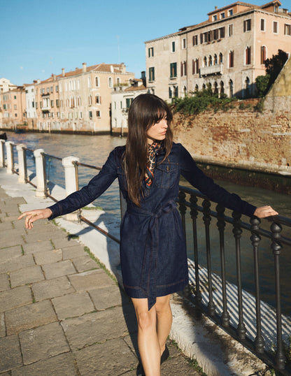 Half Placket Denim Dress-Indigo Wash-1