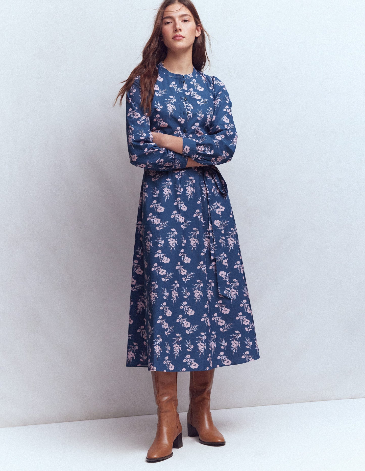 Ava Cotton Midi Dress-Navy, Blossomy Sprig