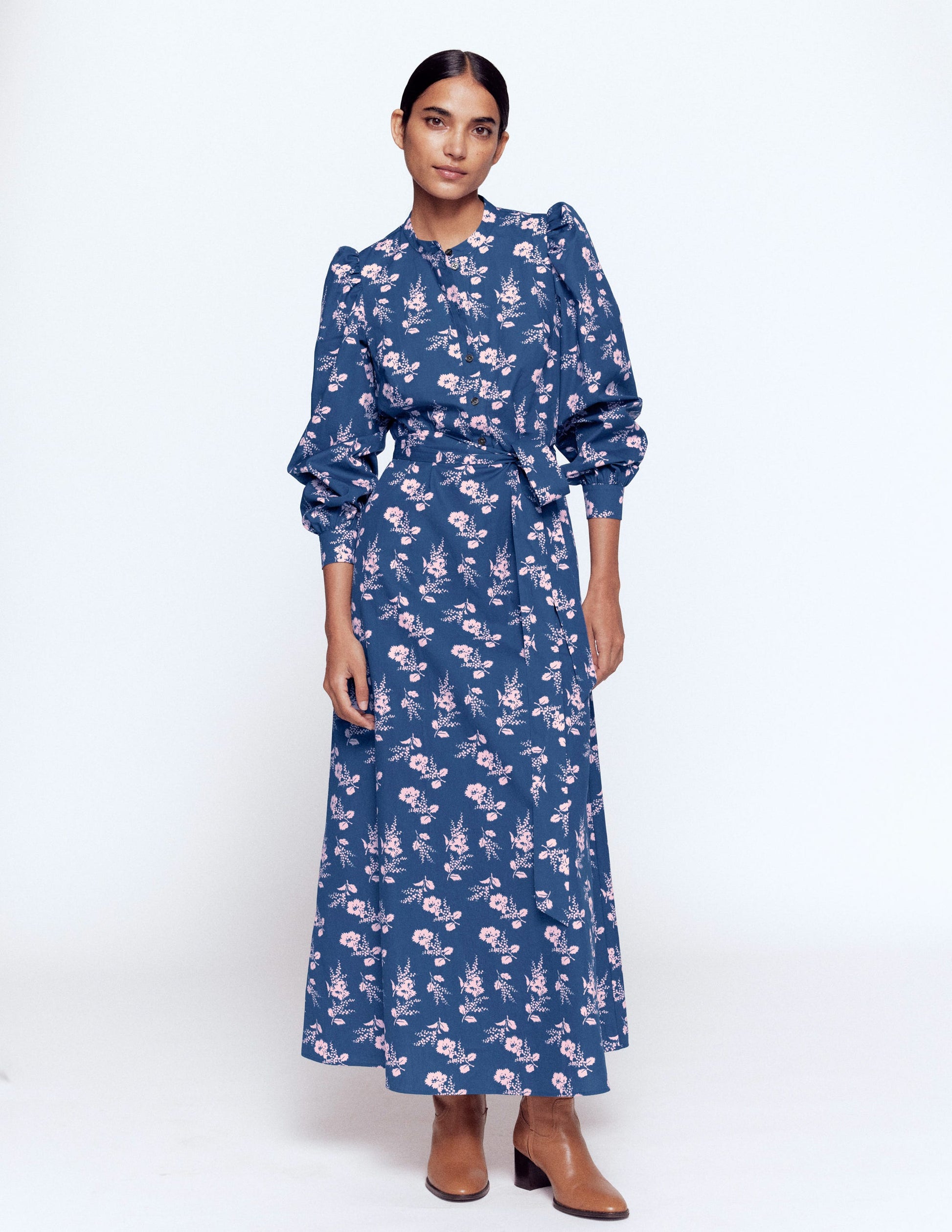 boden blue midi dress Alexa Cotton Midi Shirt Dress-Blue, Decorative Blossom