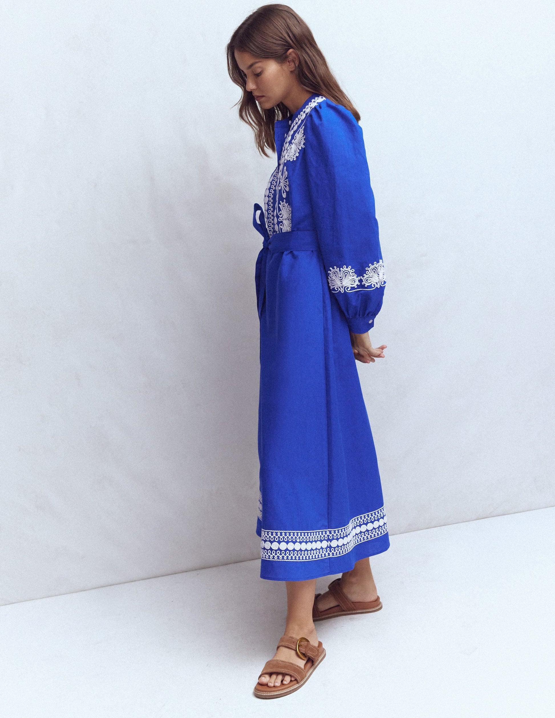 Ava Linen Blend Midi Dress-Blue Embroidery-2