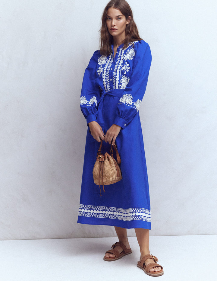 Ava Linen Blend Midi Dress-Blue Embroidery