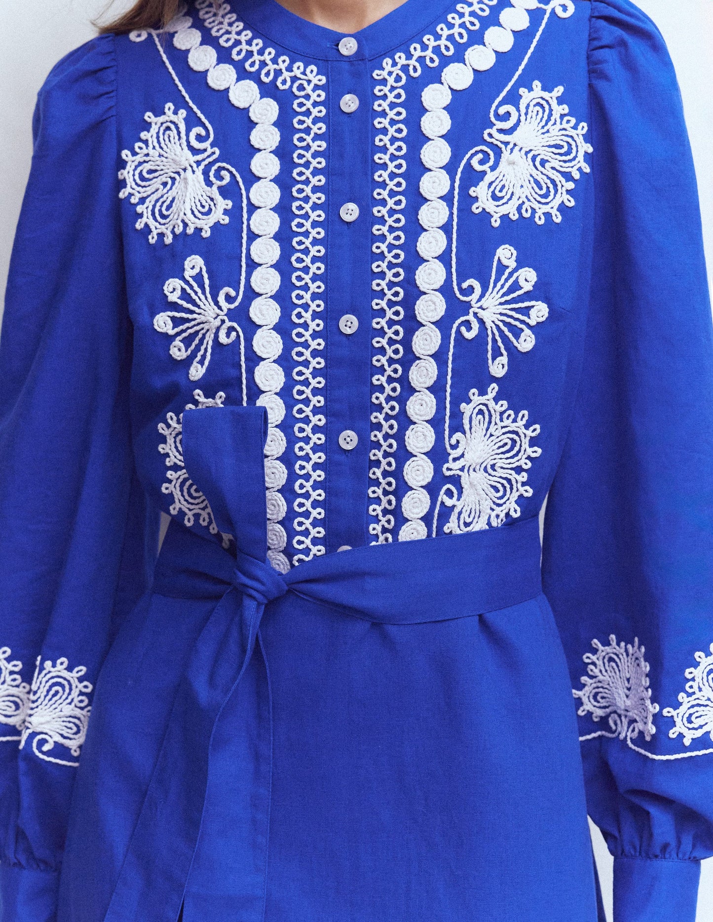 Ava Linen Blend Midi Dress-Blue Embroidery