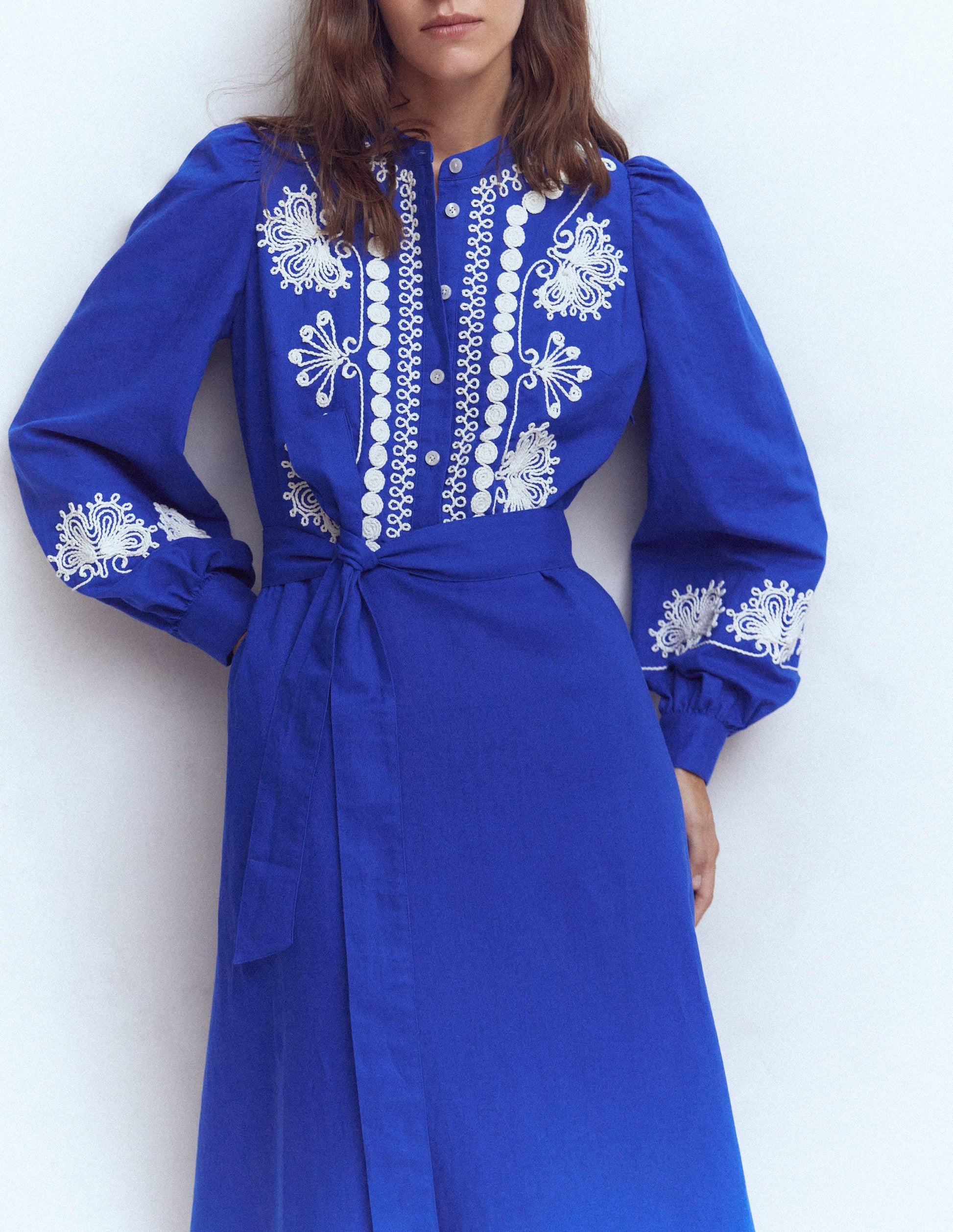 Ava Linen Blend Midi Dress-Blue Embroidery-6