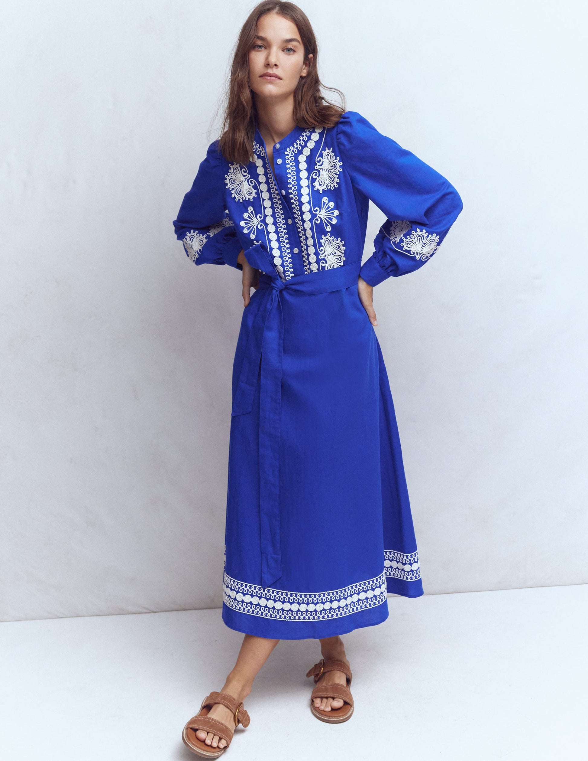 blue leopard print prom dress Boden Women's Ava Linen Blend Midi Dress in Blue