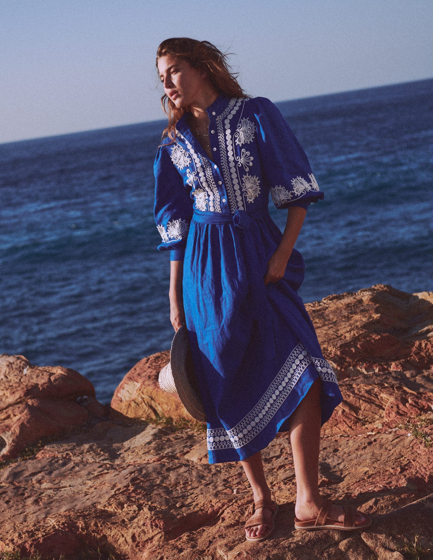 Ava Linen Blend Midi Dress-Blue Embroidery