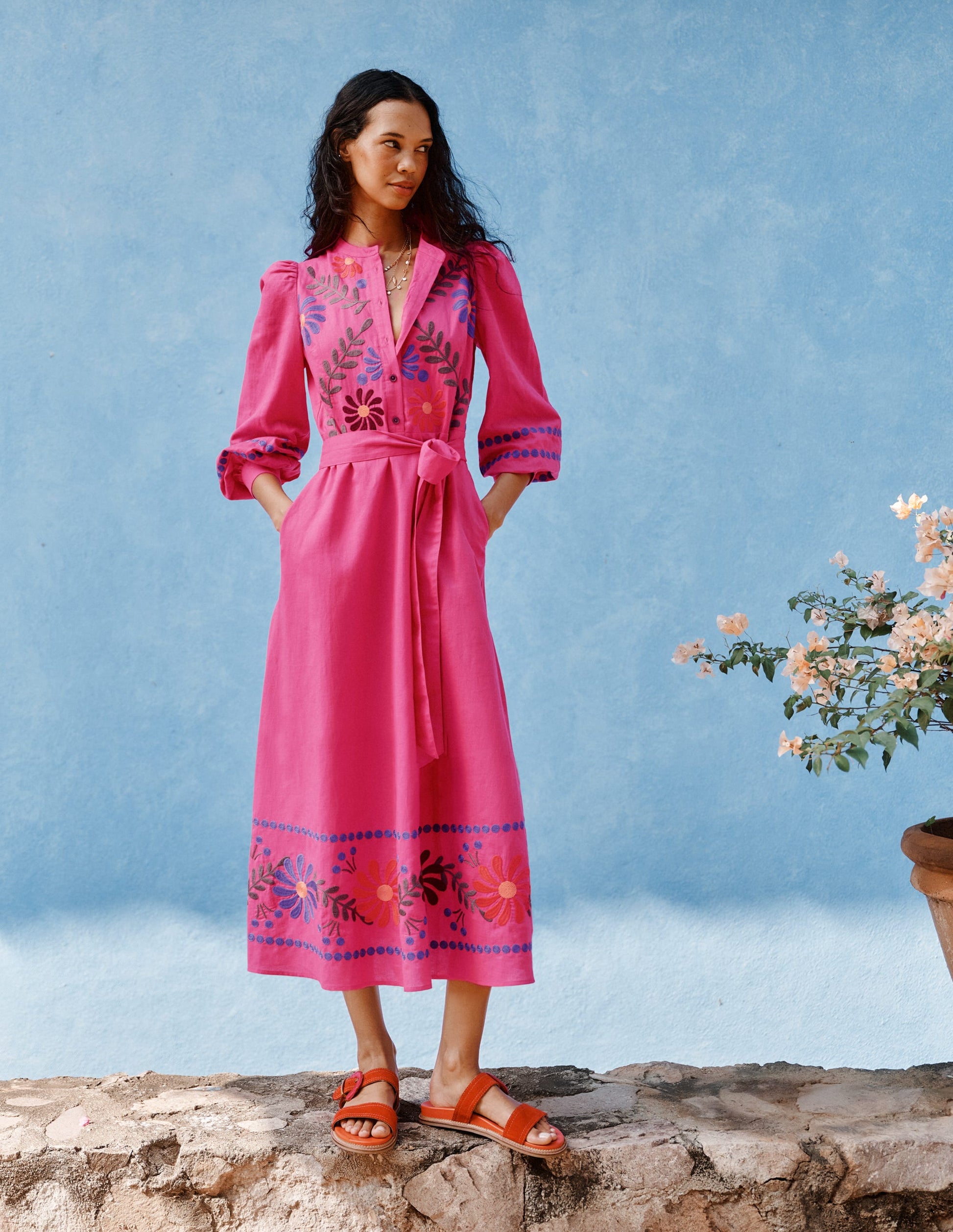 Boden Women's Ava Linen Blend Midi Dress in Pink | Size 6 Boden Women's Ava Linen Blend Midi Dress in Pink | Size 6