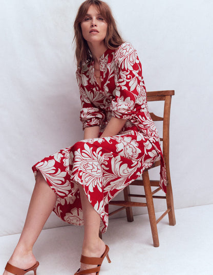 Ava Linen Blend Midi Dress-Salsa, Botanical Flourish-1