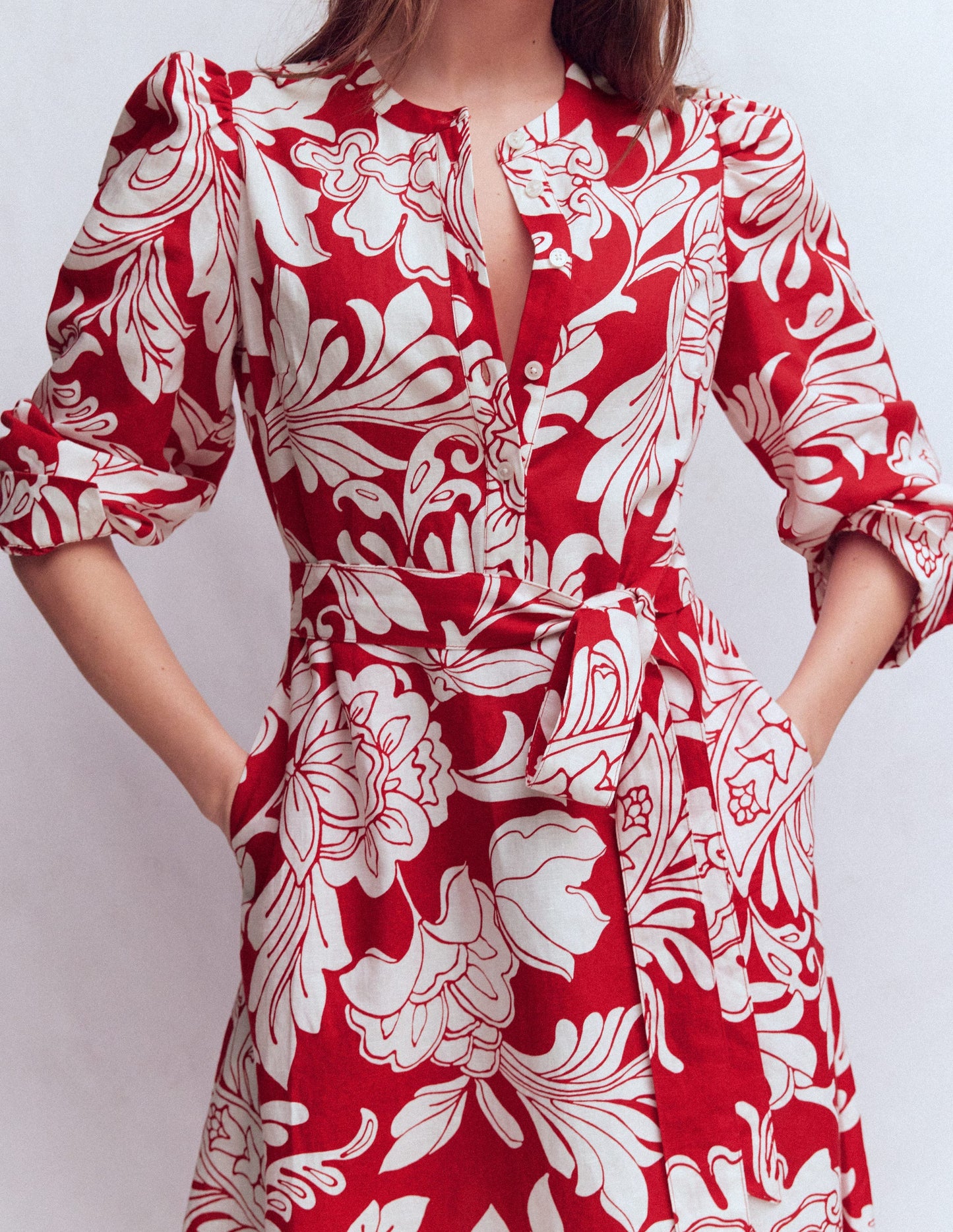 Ava Linen Blend Midi Dress-Salsa, Botanical Flourish