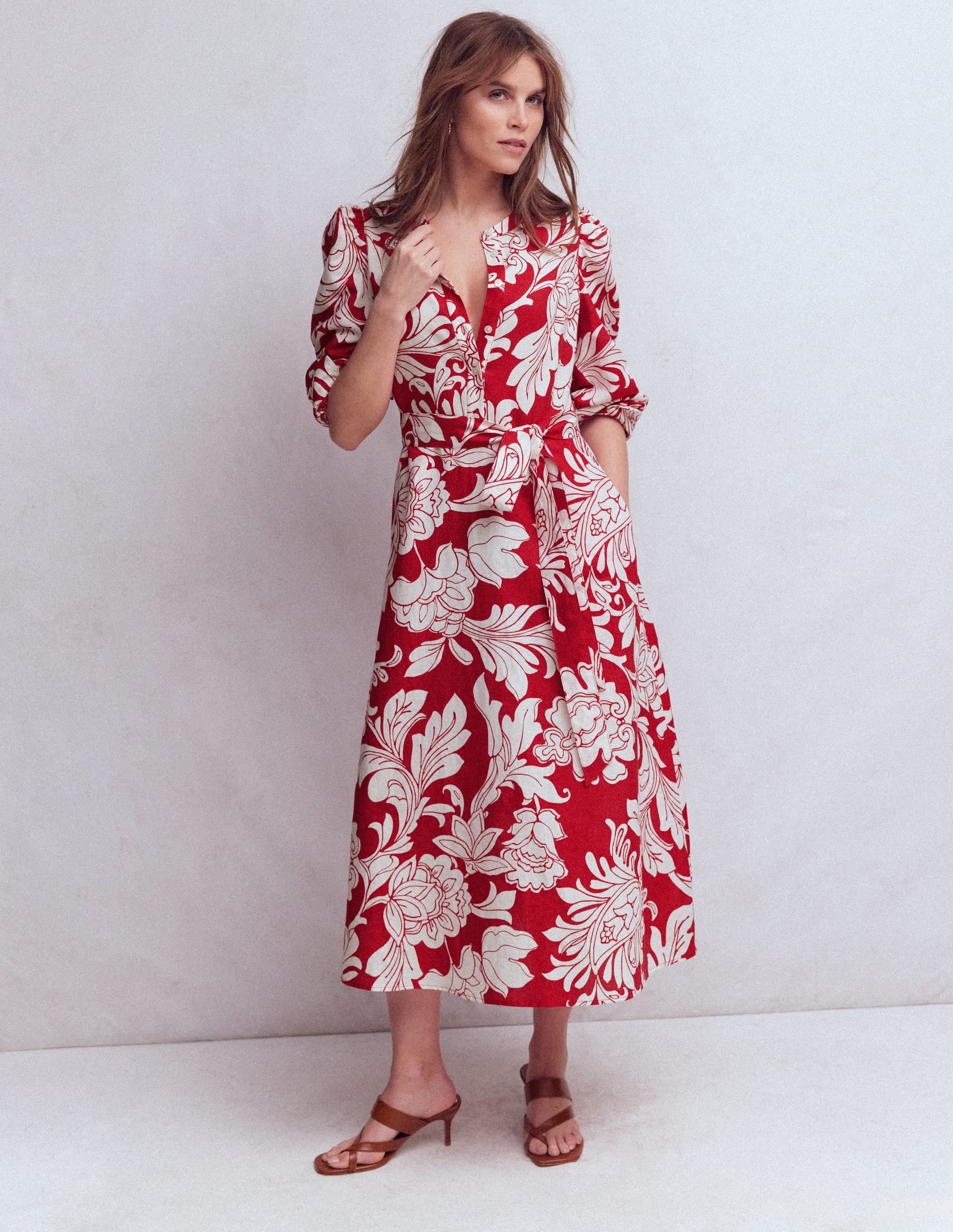 Ava Linen Blend Midi Dress-Salsa, Botanical Flourish - Image 1
