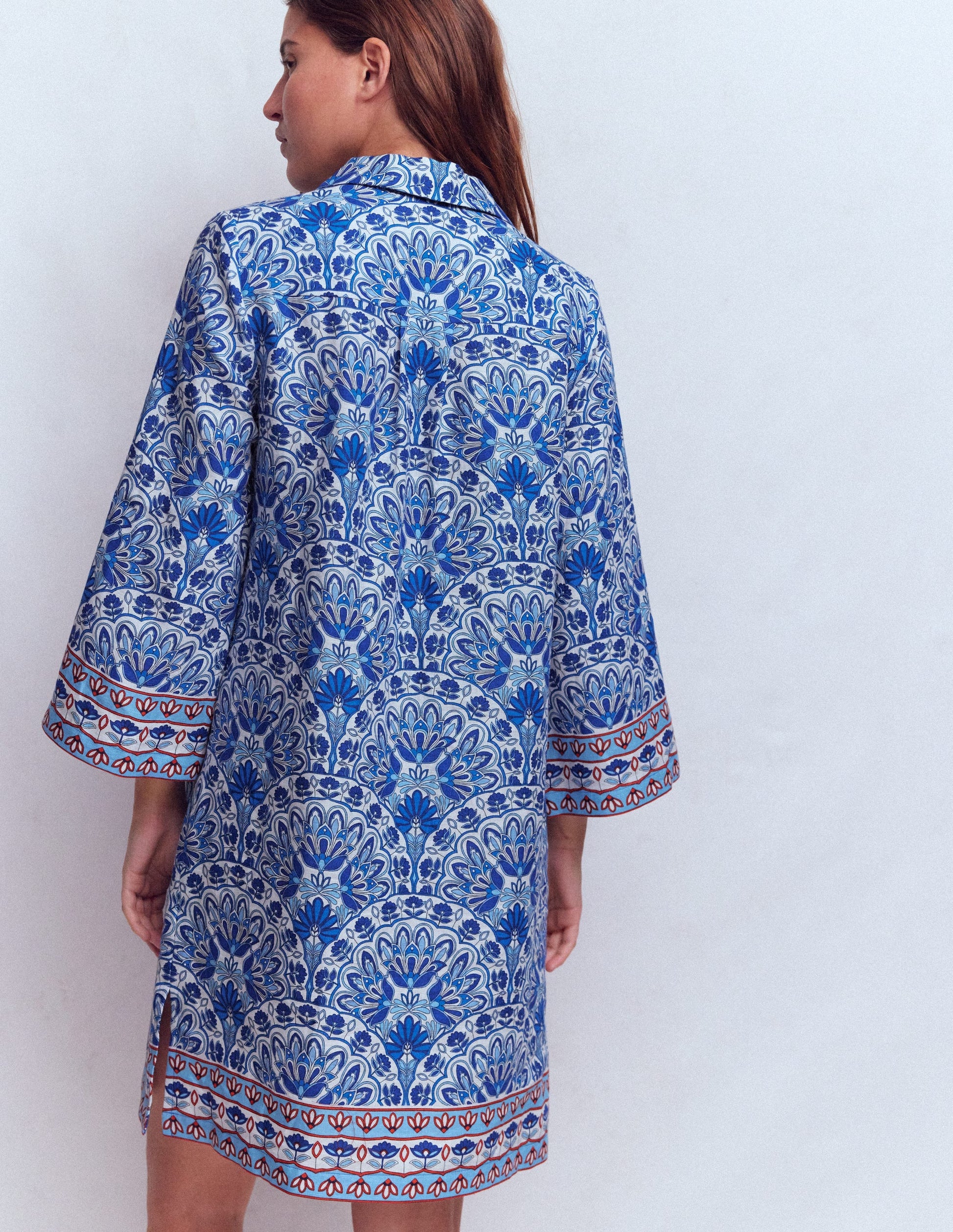 Carmen Linen Short Dress-Bright Blue, Elaborate Terrace-3