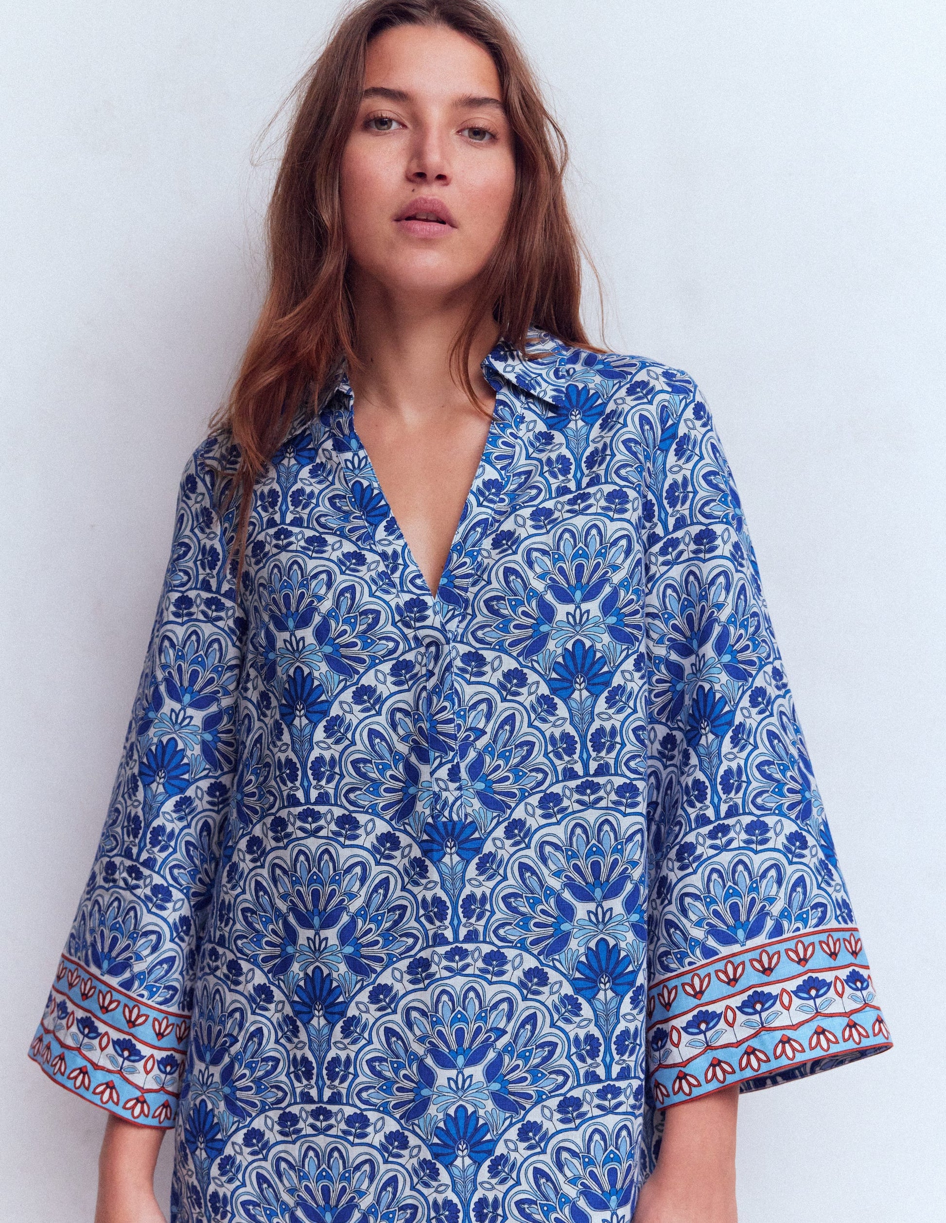 Carmen Linen Short Dress-Bright Blue, Elaborate Terrace-4