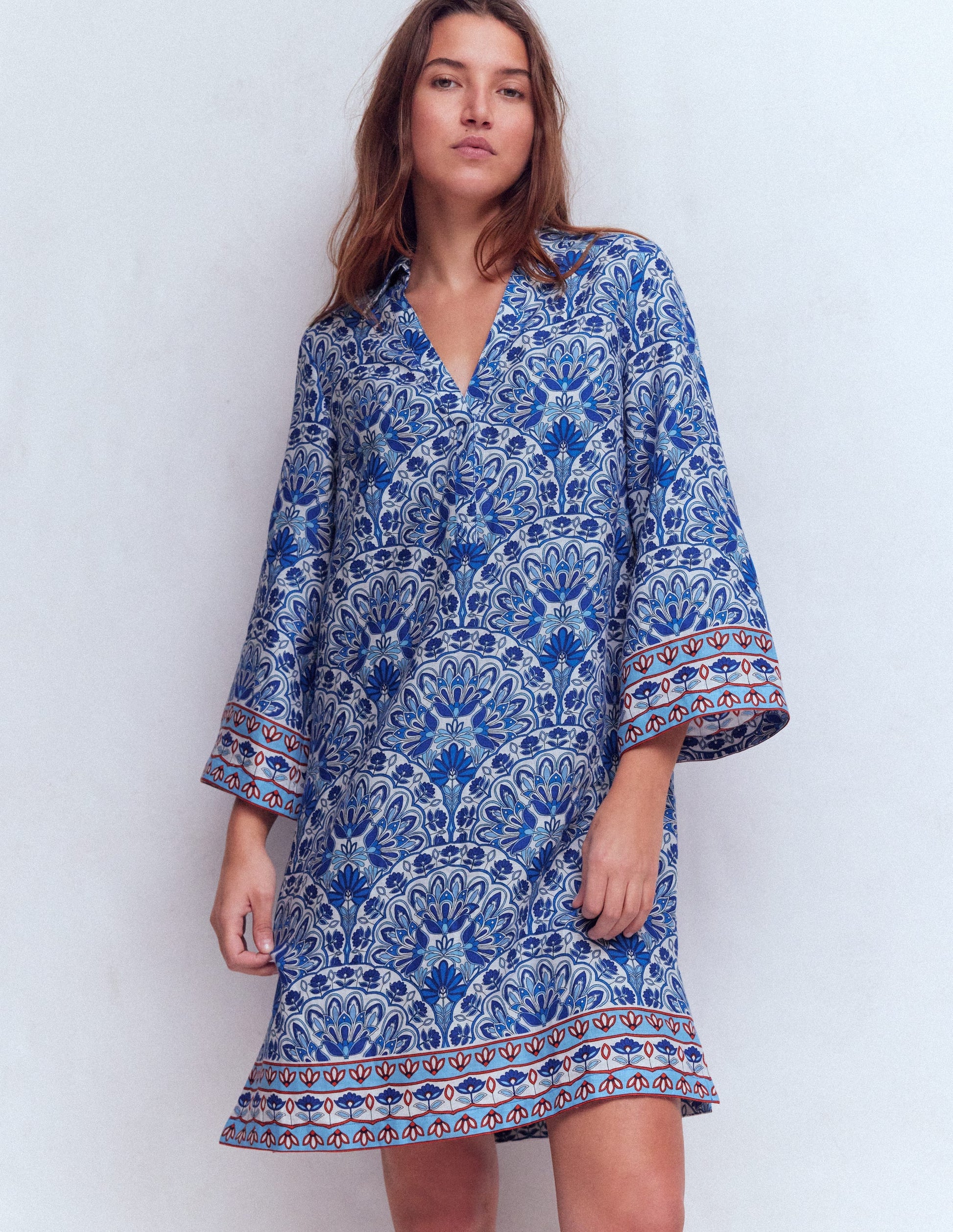 Carmen Linen Short Dress-Bright Blue, Elaborate Terrace-5