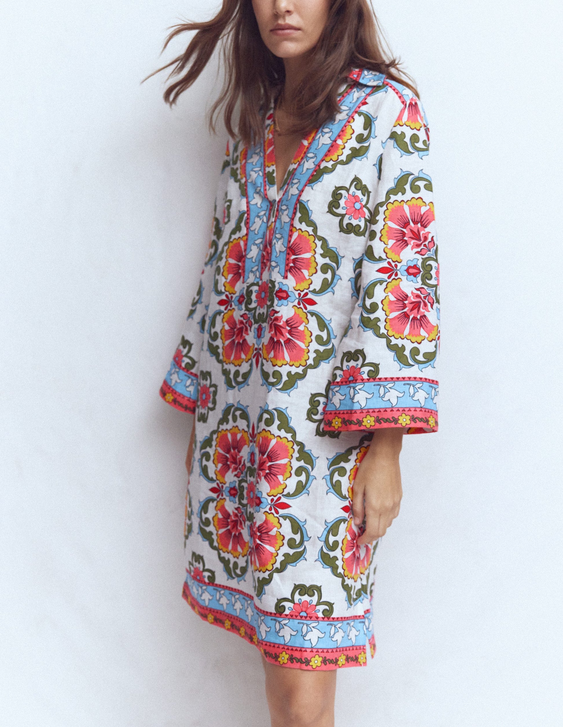 Carmen Linen Short Dress-Multi, Ornamental Trellis-4