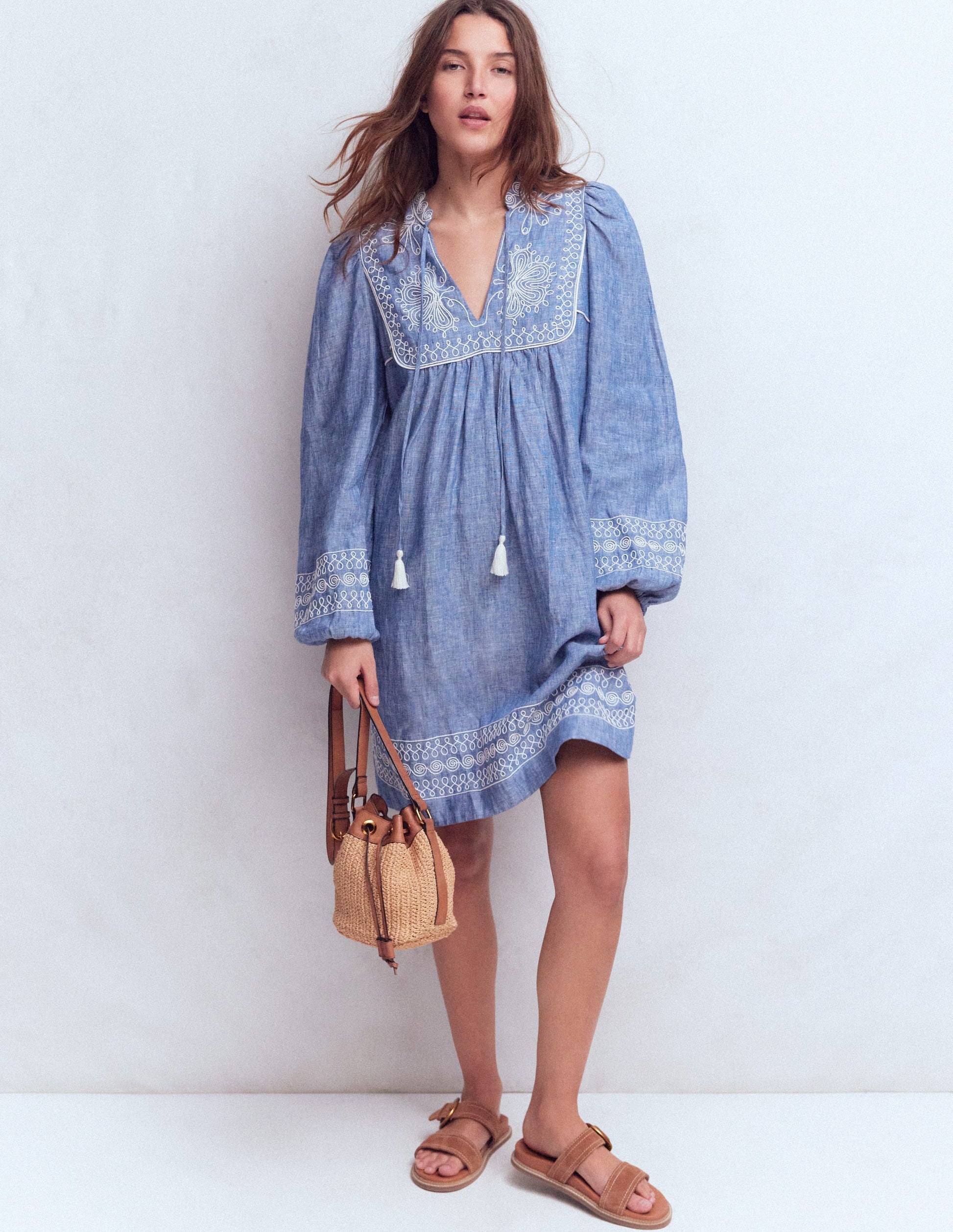 Pia Linen Yoke Tassel Dress-Chambray Embroidery | Boden USA Pia Linen Yoke Tassel Dress-Chambray Embroidery | Boden USA