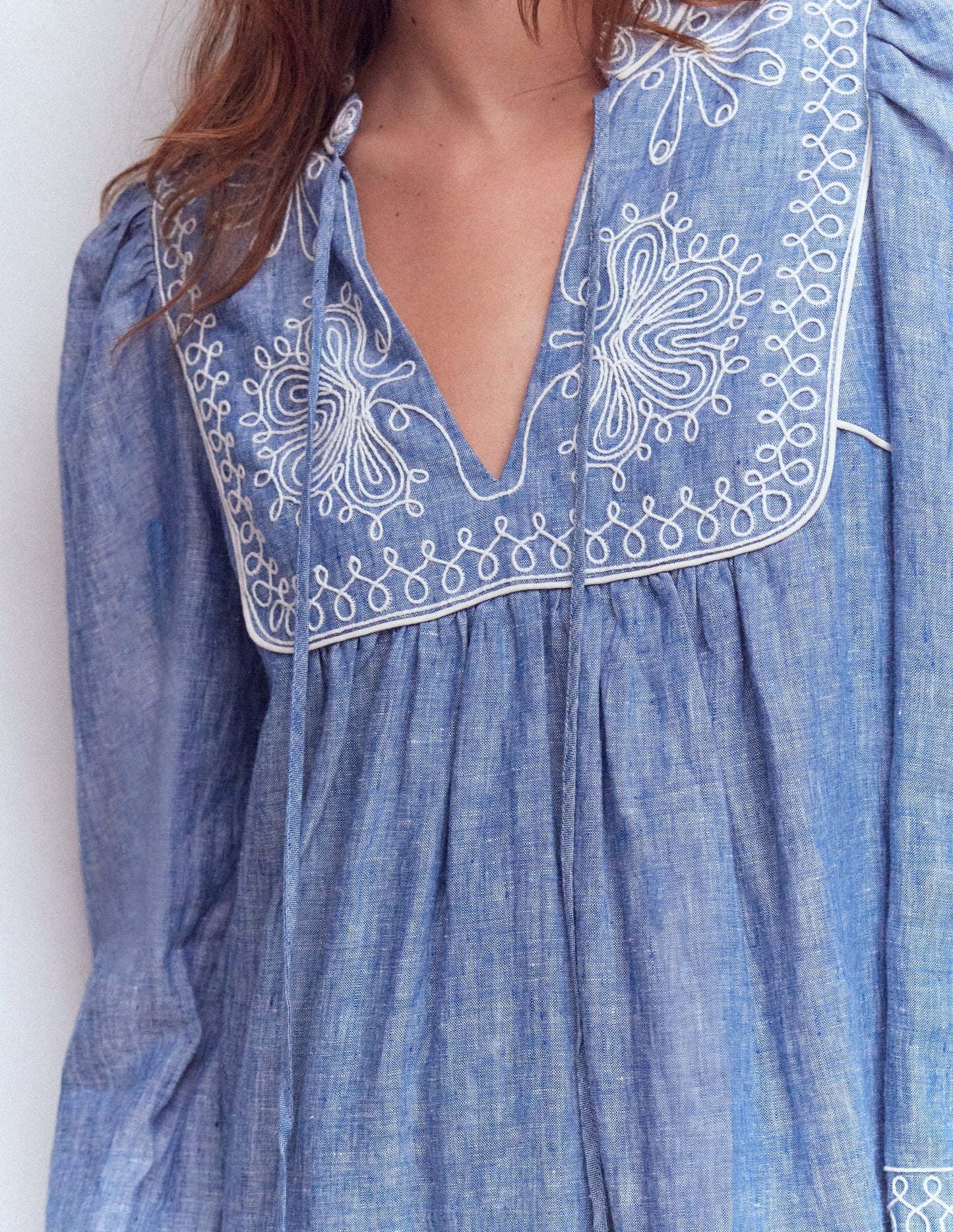 Pia Linen Yoke Tassel Dress-Chambray Embroidery