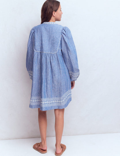 Pia Linen Yoke Tassel Dress-Chambray Embroidery-3