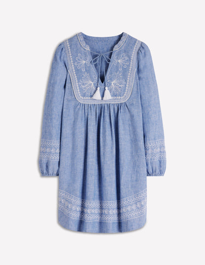 Pia Linen Yoke Tassel Dress-Chambray Embroidery-7