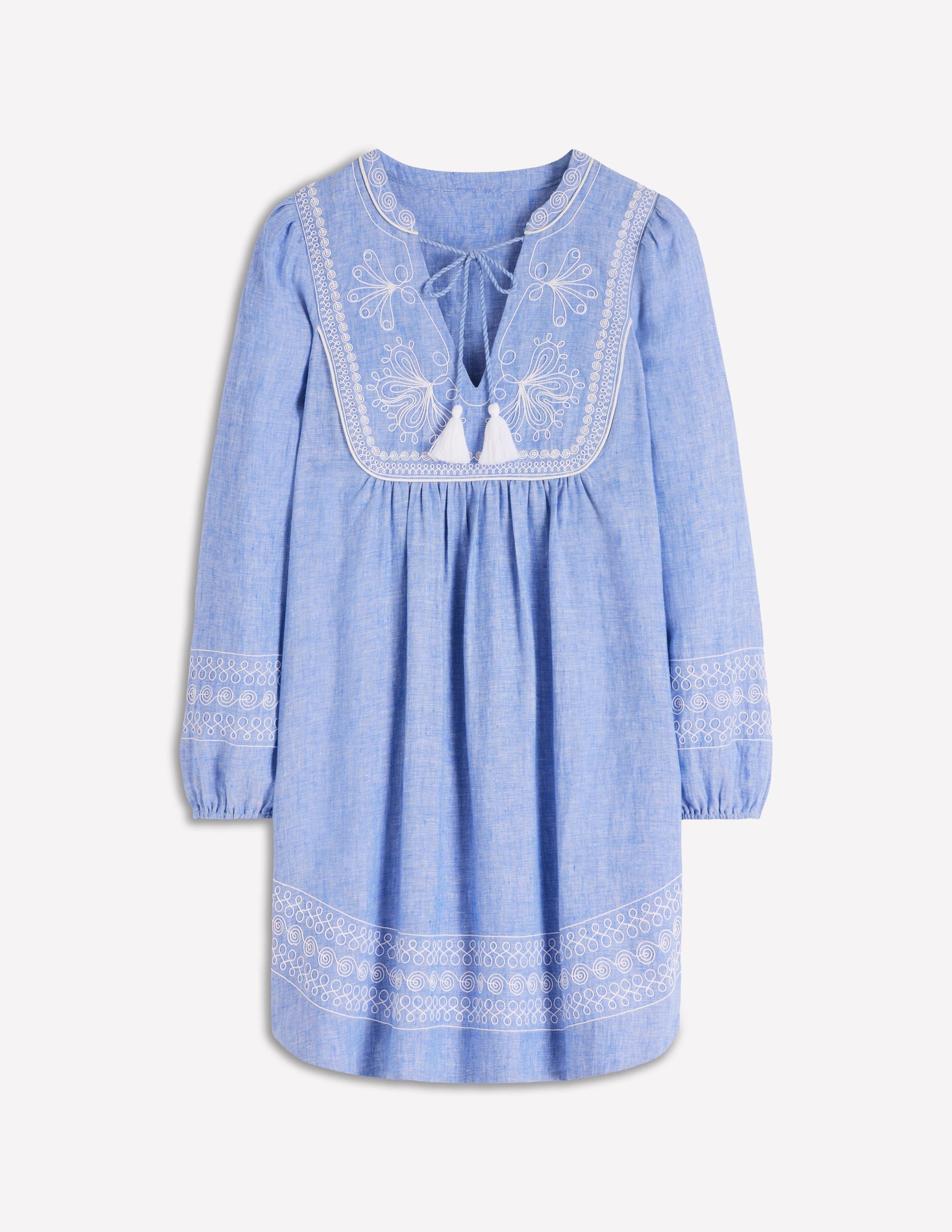 Pia Linen Yoke Tassel Dress-Chambray Embroidery | Boden USA Pia Linen Yoke Tassel Dress-Chambray Embroidery | Boden USA