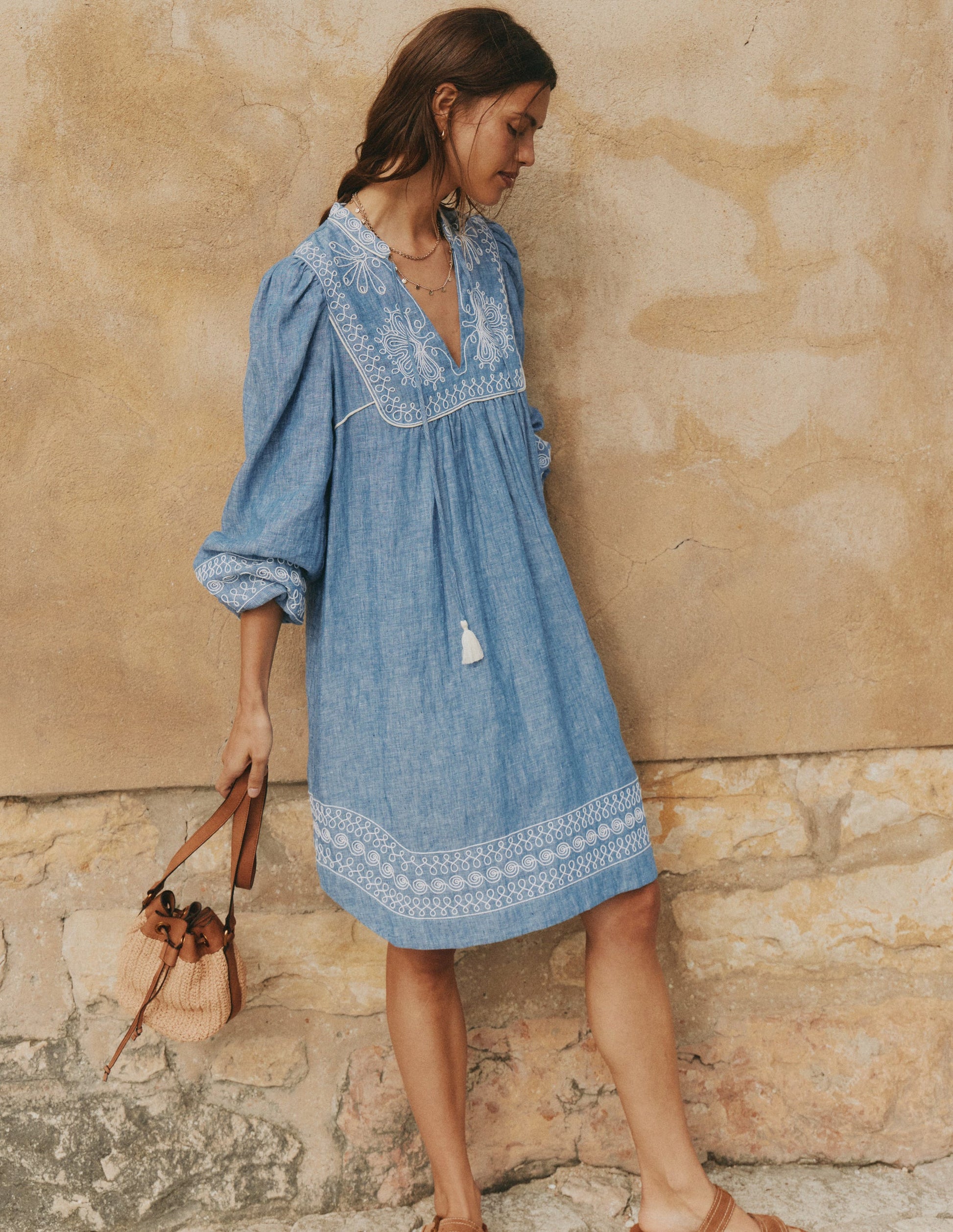 Pia Linen Yoke Tassel Dress-Chambray Embroidery-6