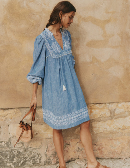Pia Linen Yoke Tassel Dress-Chambray Embroidery-6
